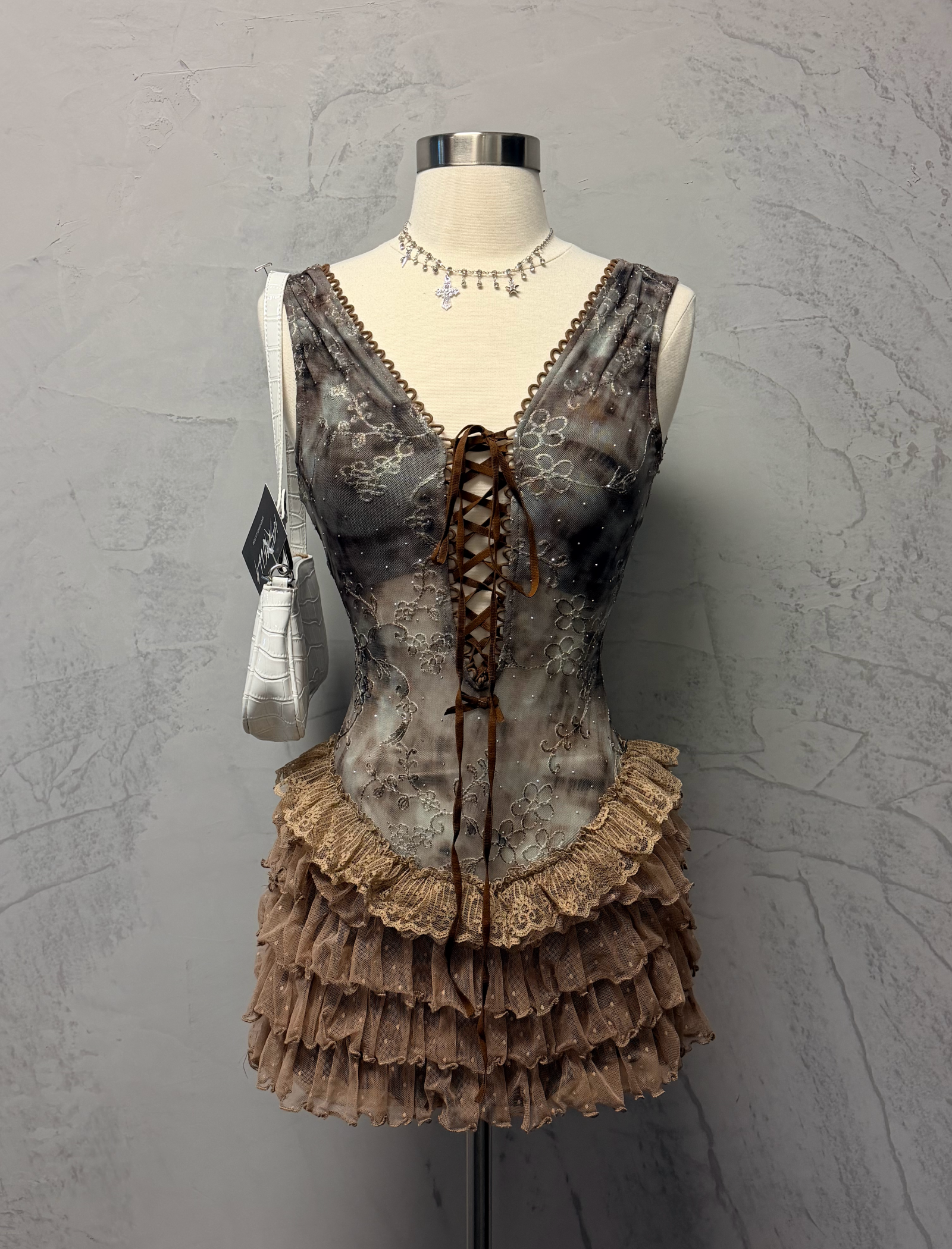 Mirna Mesh Mini Dress (Brown Multi)