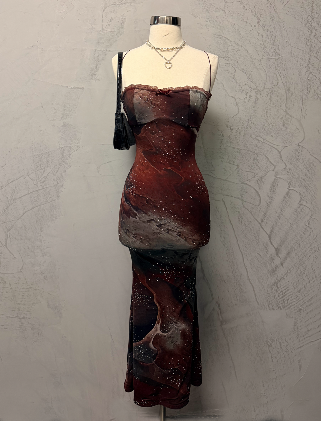 Uma Mesh Maxi Dress (Burgundy Red Multi)