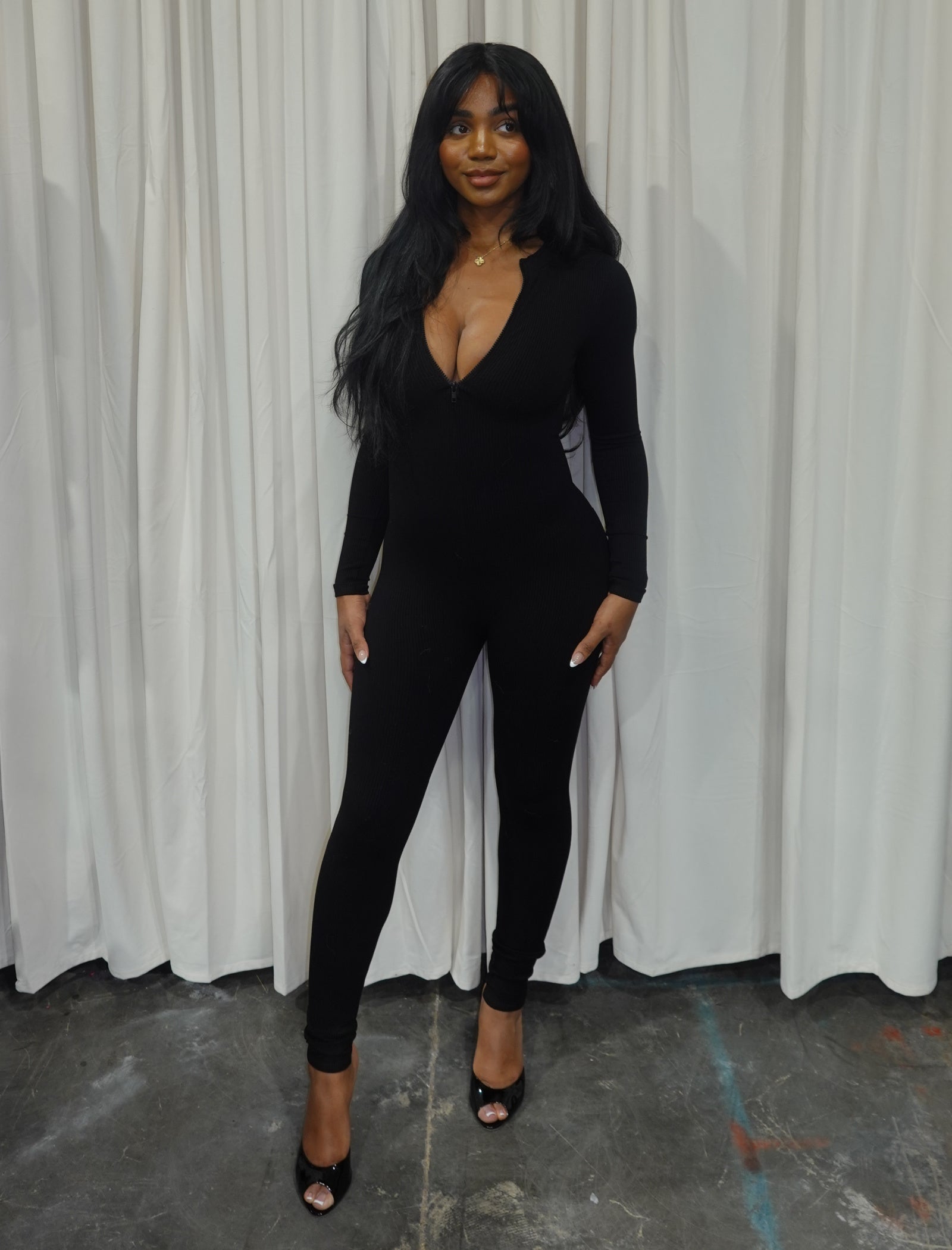 Delilah Mock Neck Long Sleeve Ribbed Jumpsuit (Black)