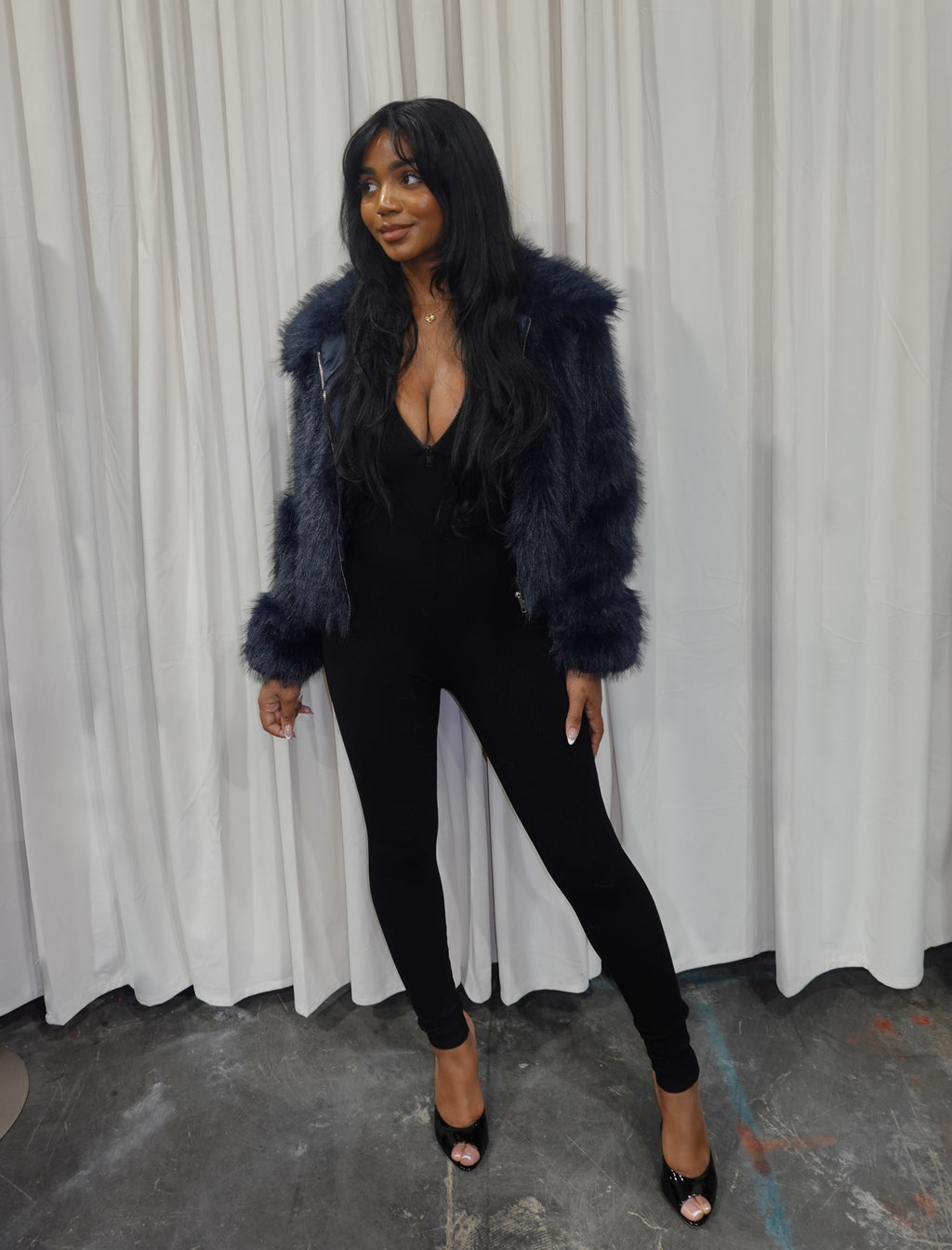 Yvette Fur Bomber Jacket (Navy Blue)
