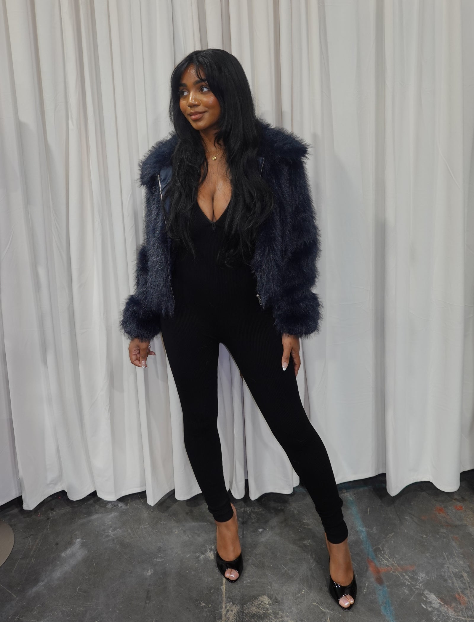 Yvette Fur Bomber Jacket (Navy Blue)