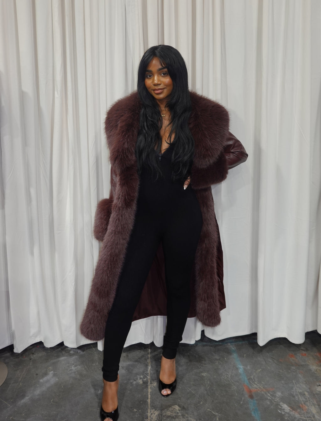 Roxy Fur Leather Long Trench Coat (Wine)