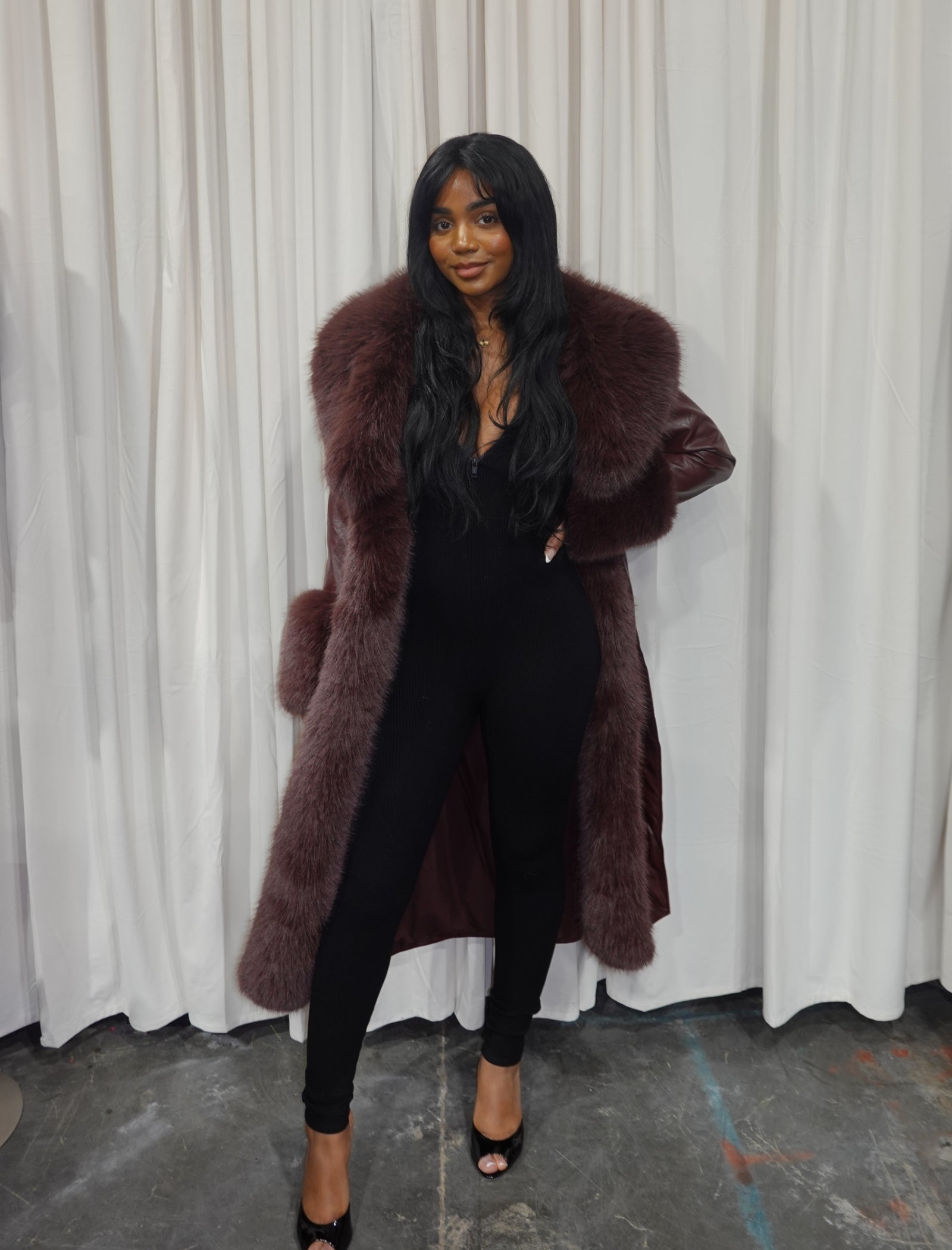 Roxy Fur Leather Long Trench Coat (Wine)