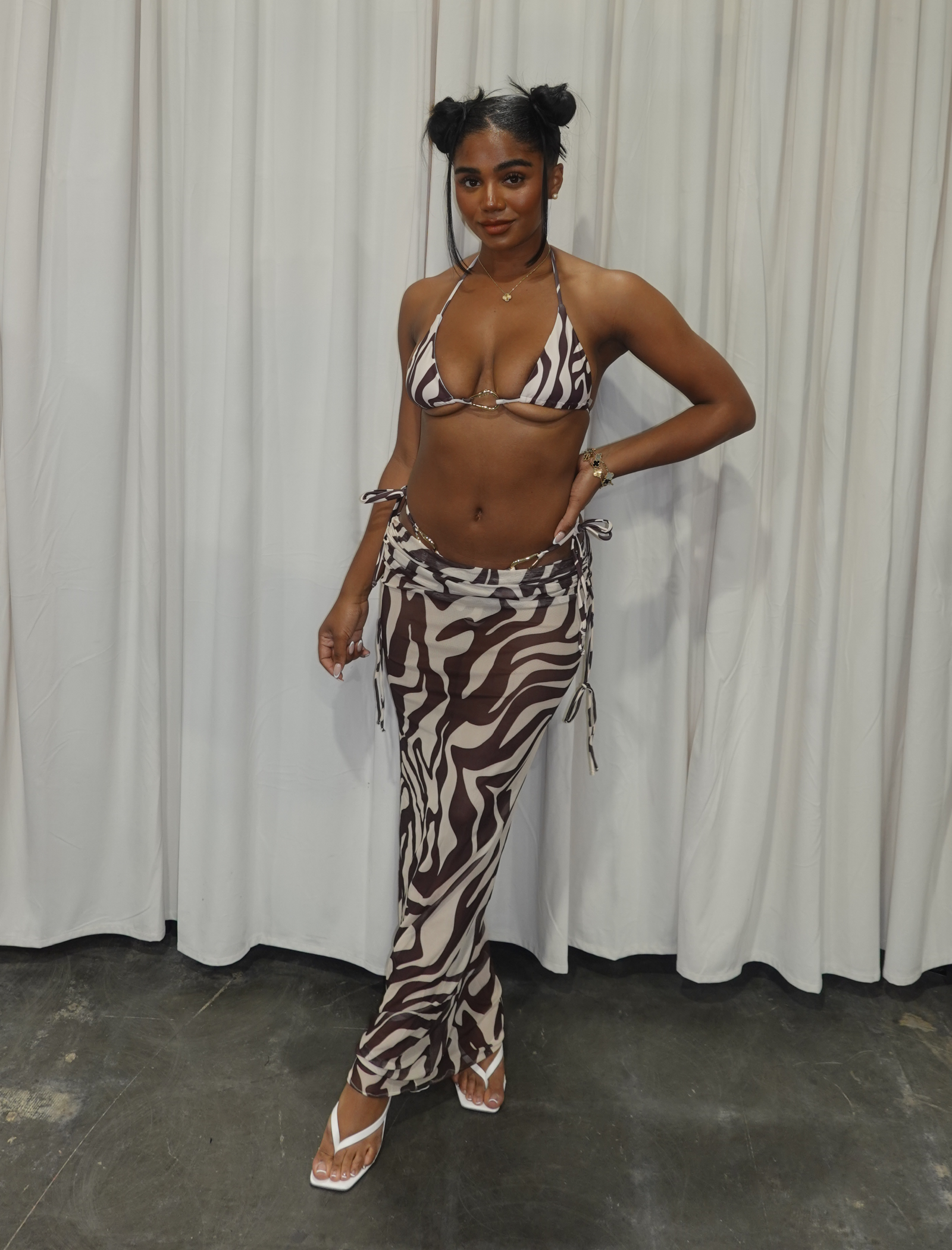 Lagoon Bikini Maxi Skirt Set (Ivory White / Brown Stripe)