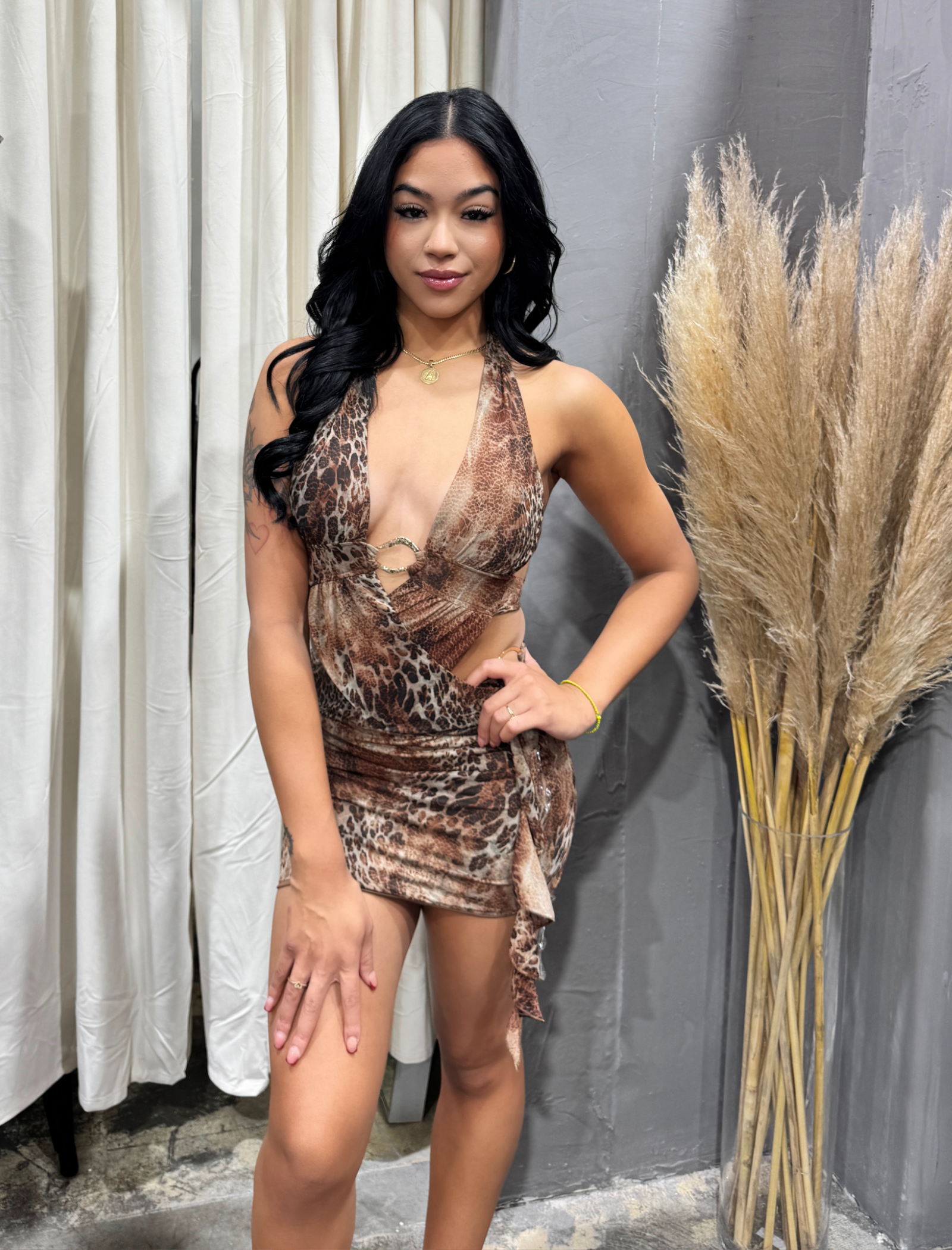 Vixen Halter Dress (Brown Multi)