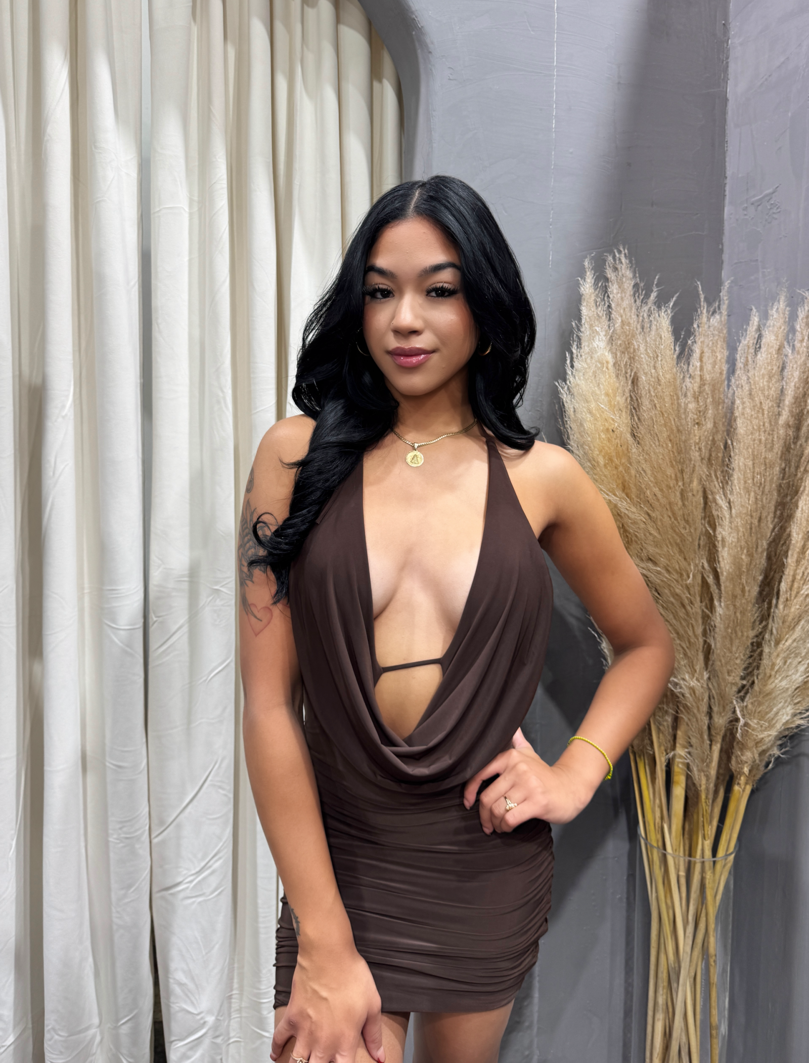 Vanessa Halter Mini Dress (Brown)