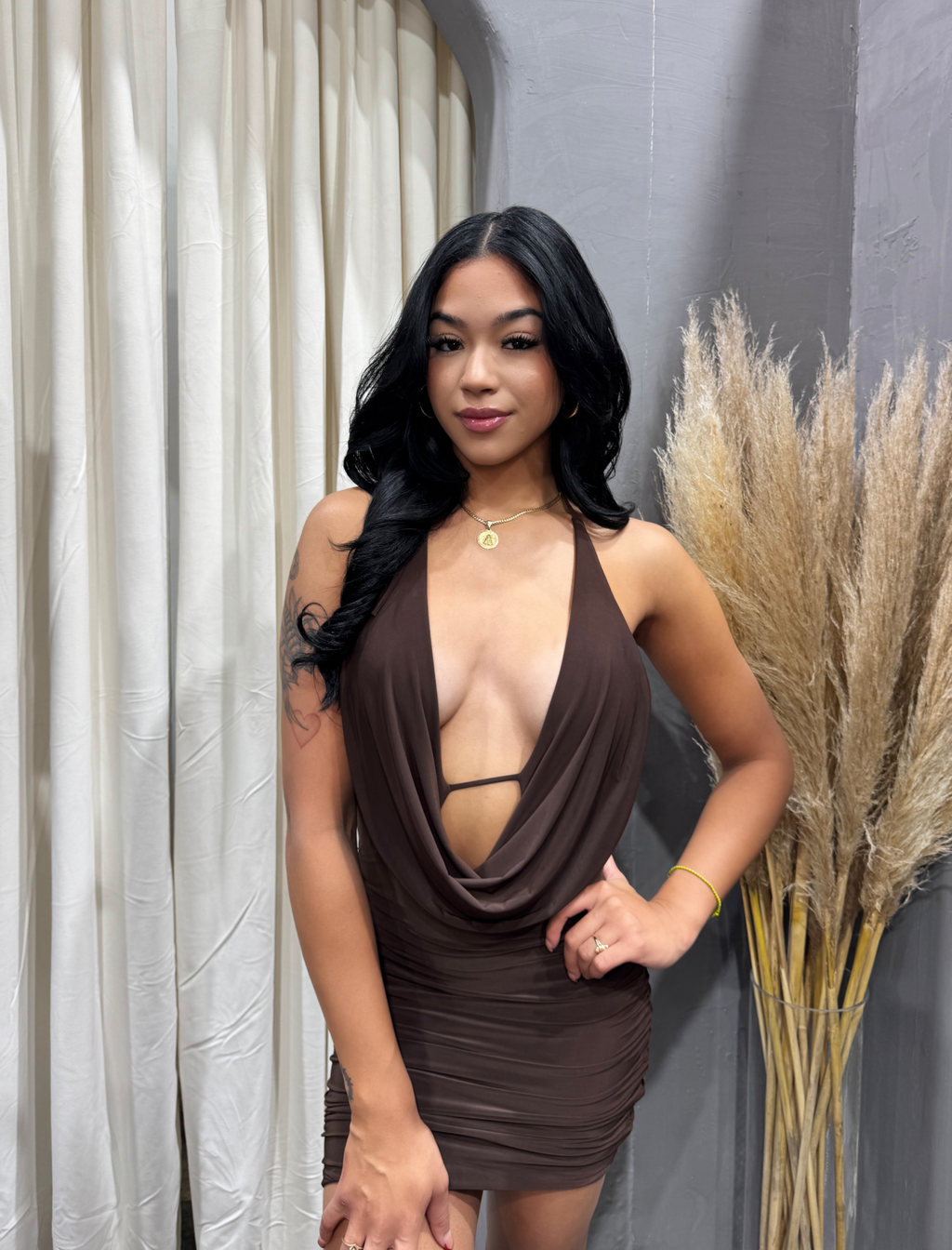 Vanessa Halter Mini Dress (Brown)