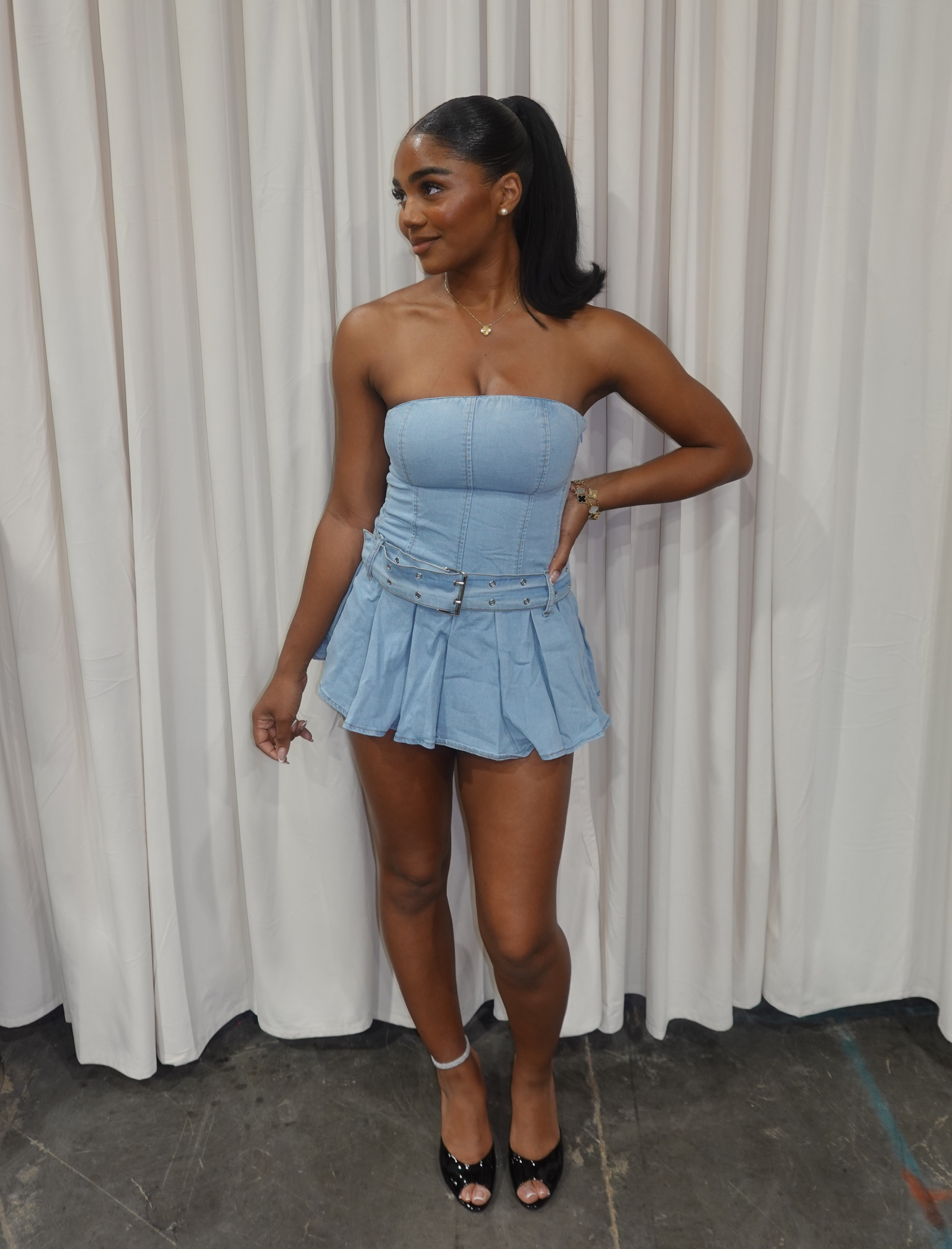 Belle Denim Mini Dress (Light Wash Denim)