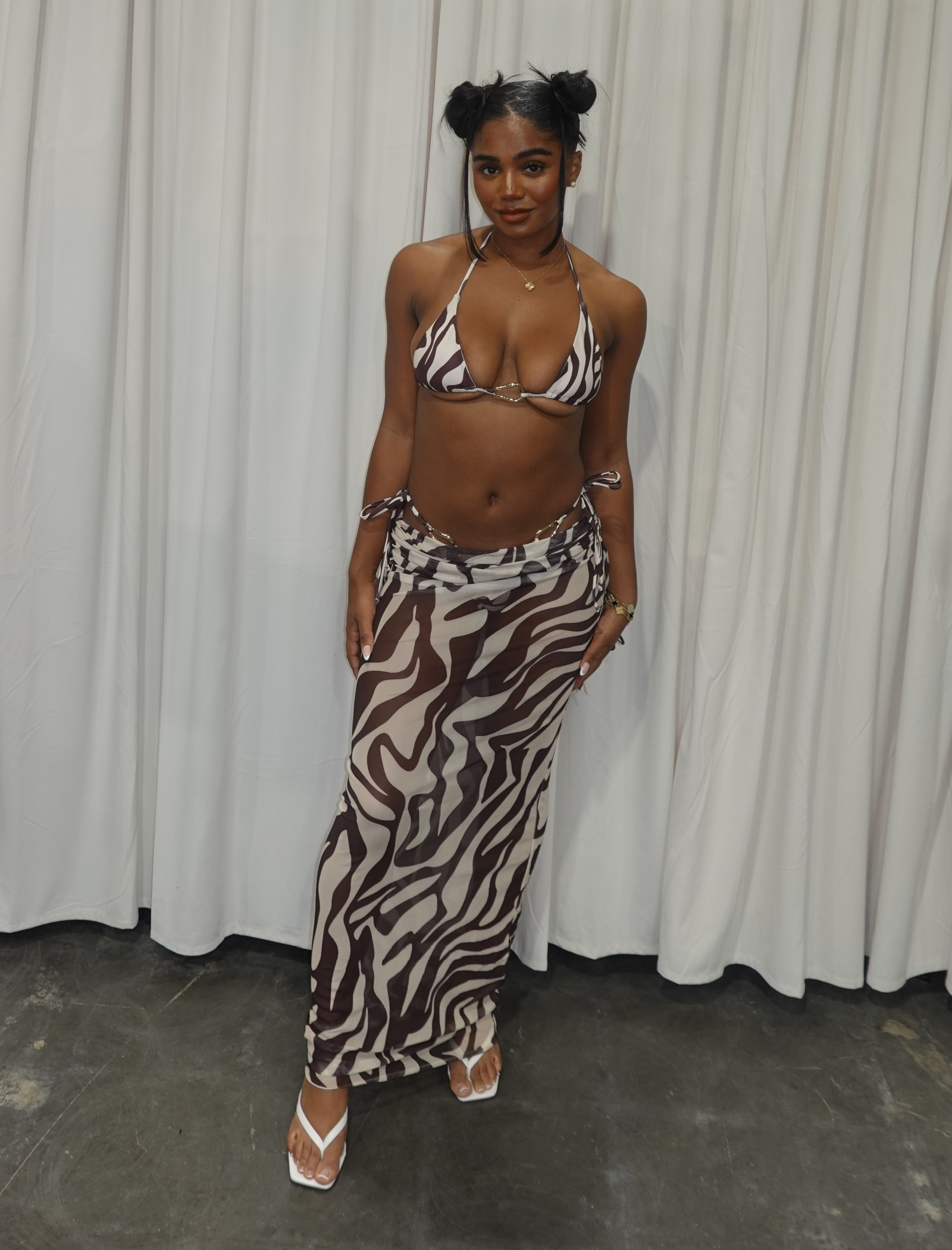 Lagoon Bikini Maxi Skirt Set (Ivory White / Brown Stripe)
