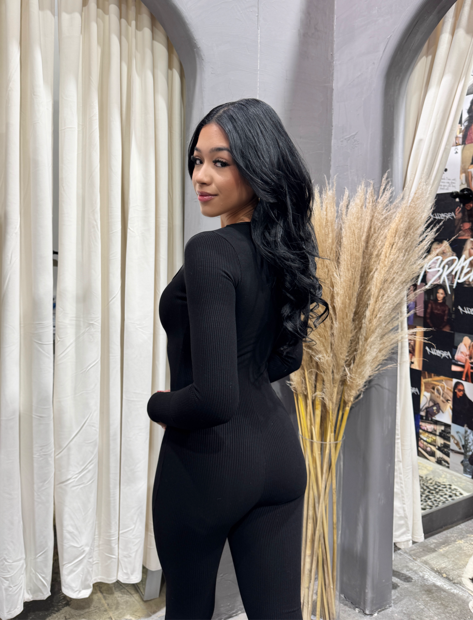 Kina Square Neck Ribbed Jumpsuit (Black)