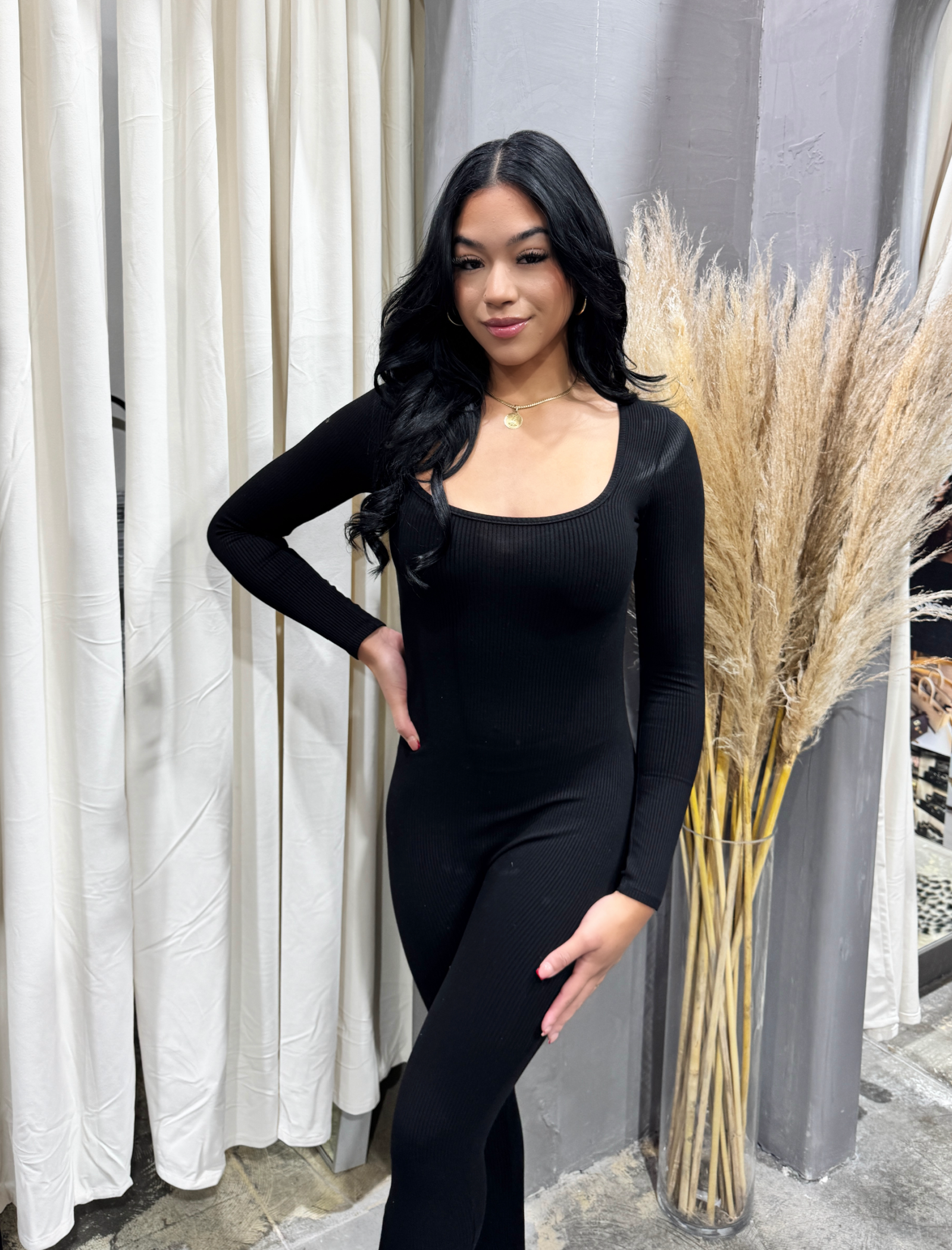 Kina Square Neck Ribbed Jumpsuit (Black)