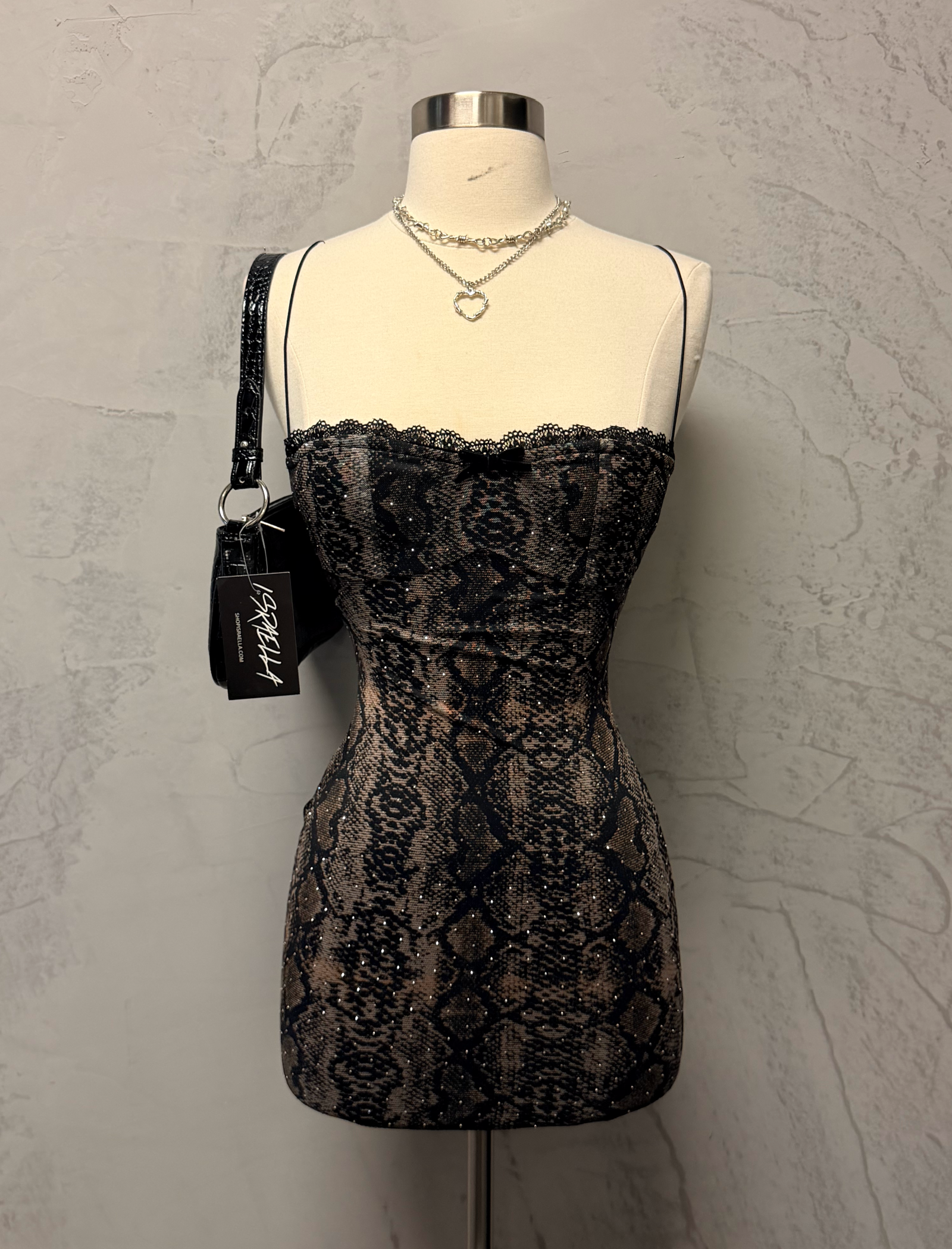 Uma Mesh Mini Dress (Snake Brown)