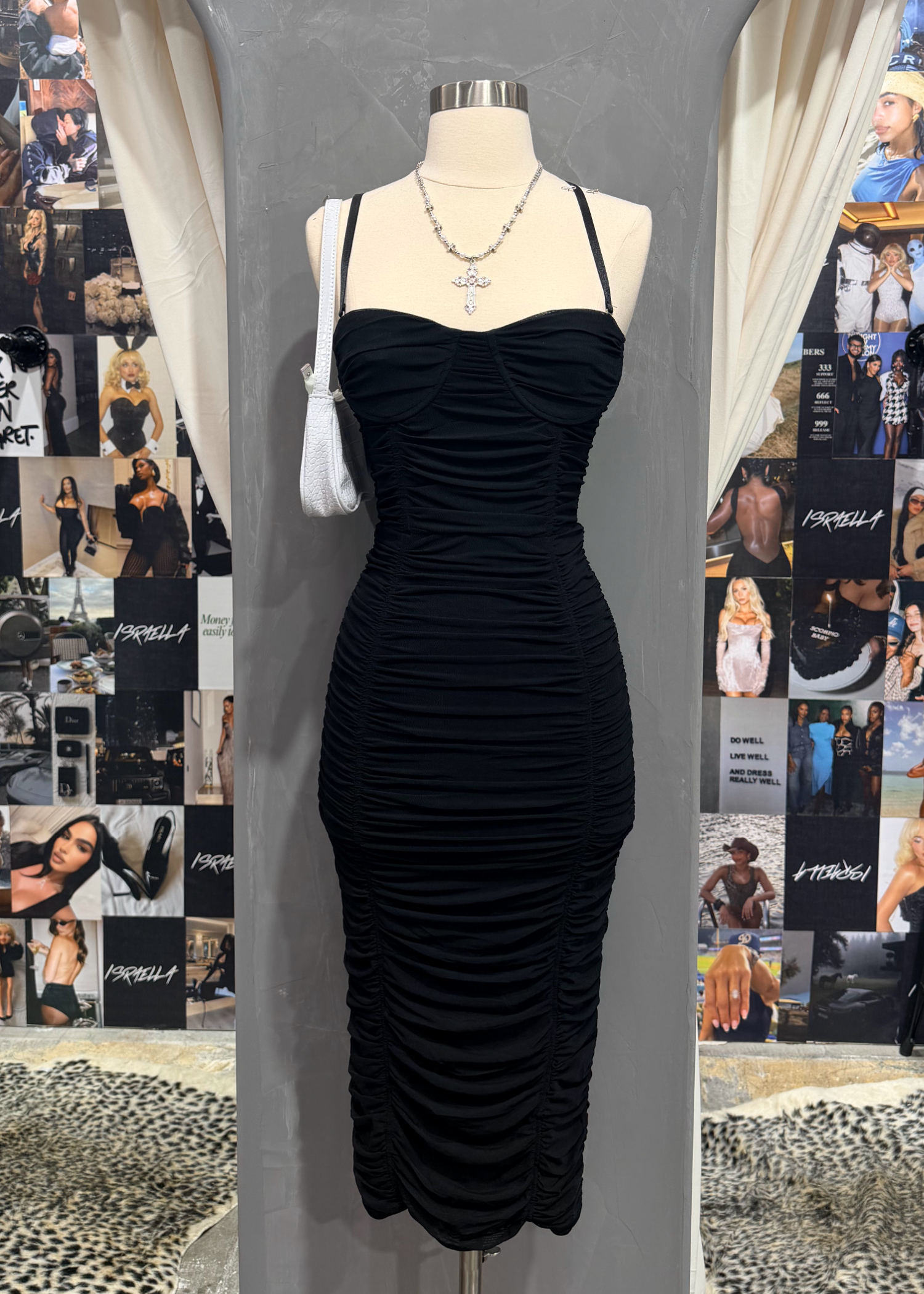 Adriel Mesh Ruched Maxi Dress (Black)