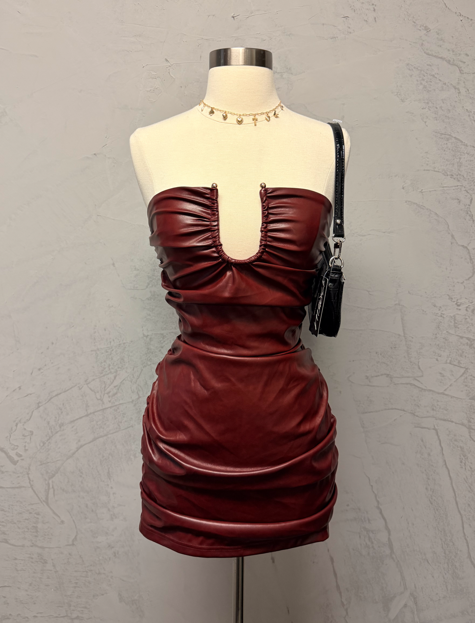 Noelle Leather Mini Dress (Burgundy Red)