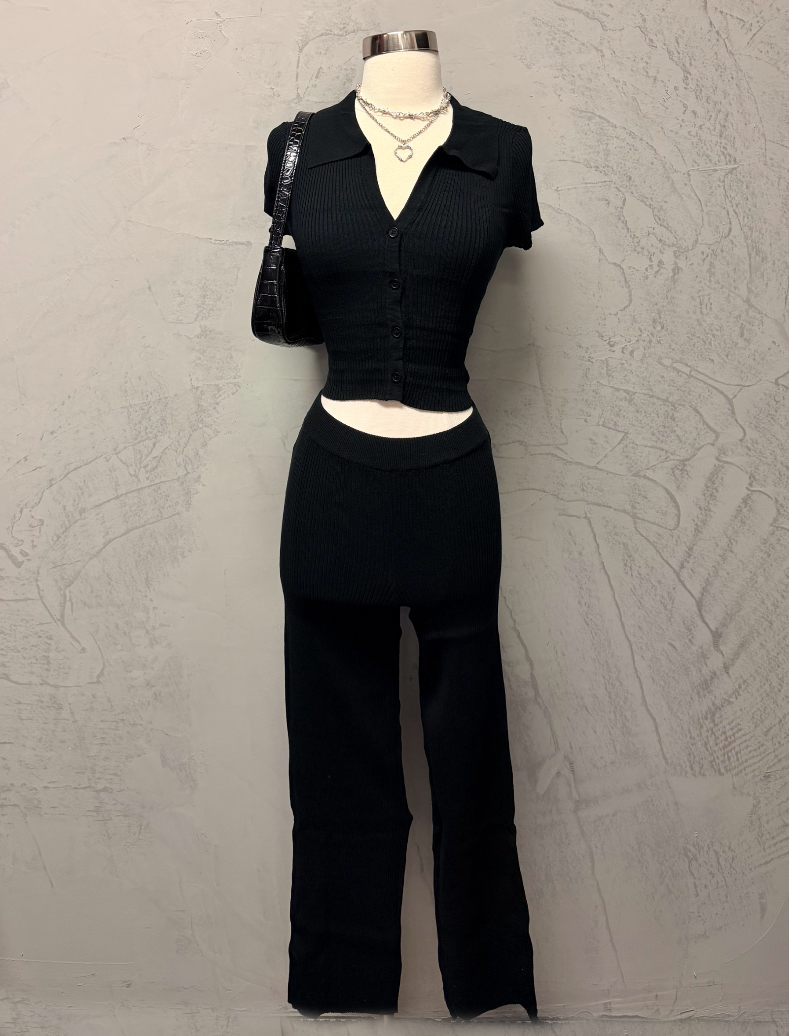 Marg Ribbed Pants Set (Black)