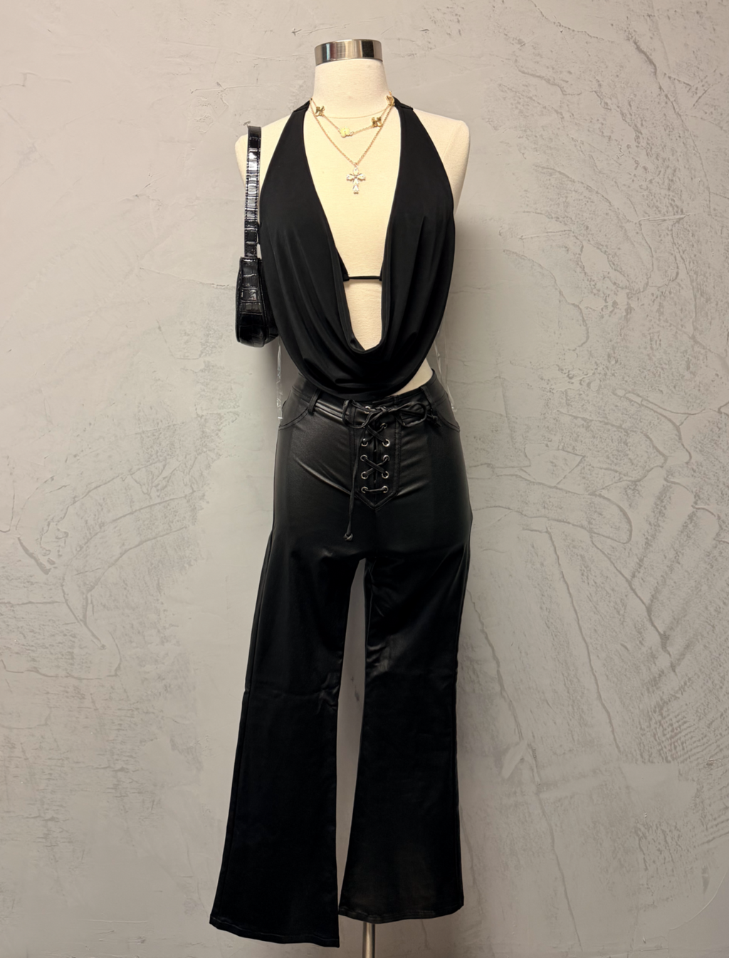 Tristan Leather lace Up Flare Pants (Black)
