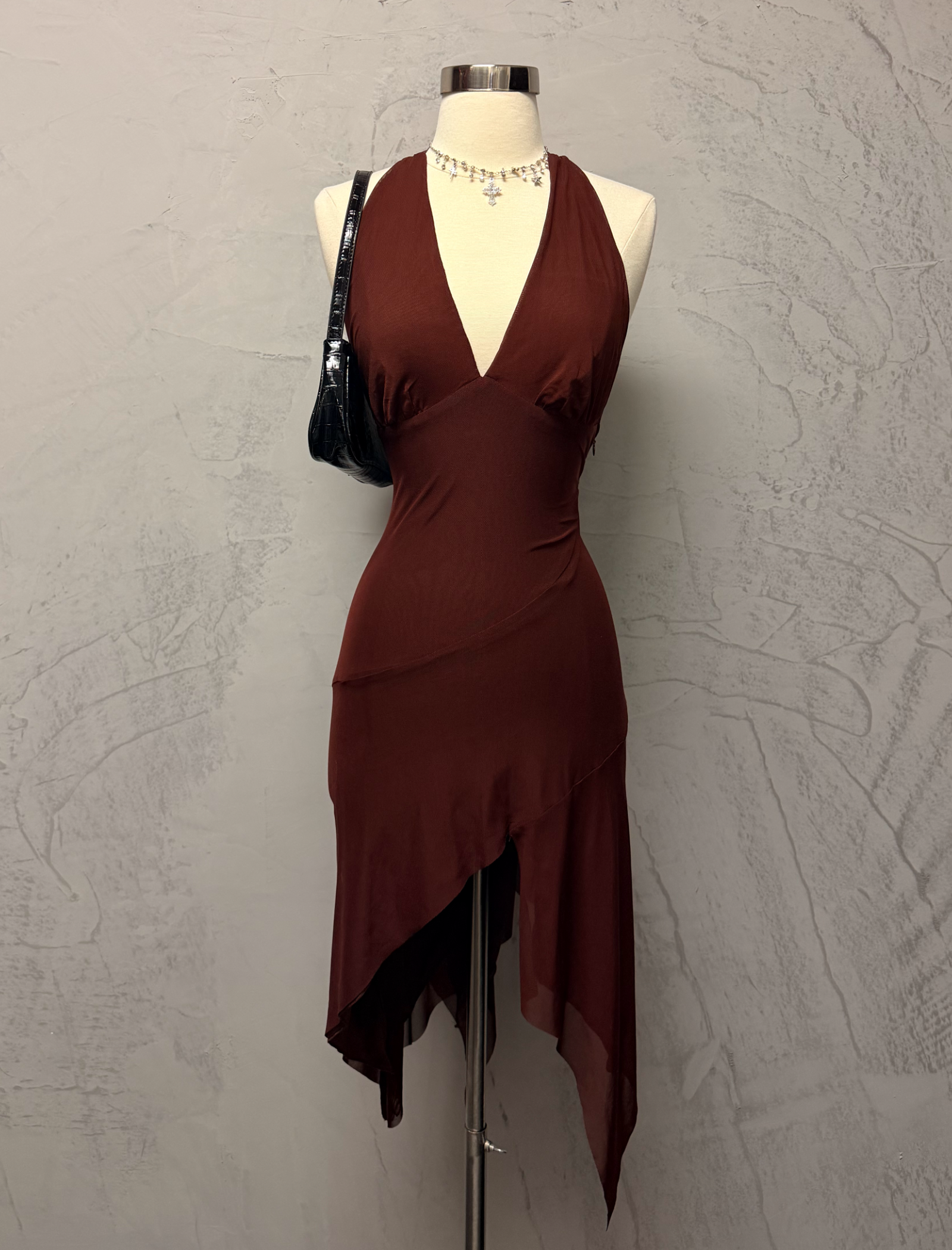 Nessie Mesh Halter Dress (Brown)