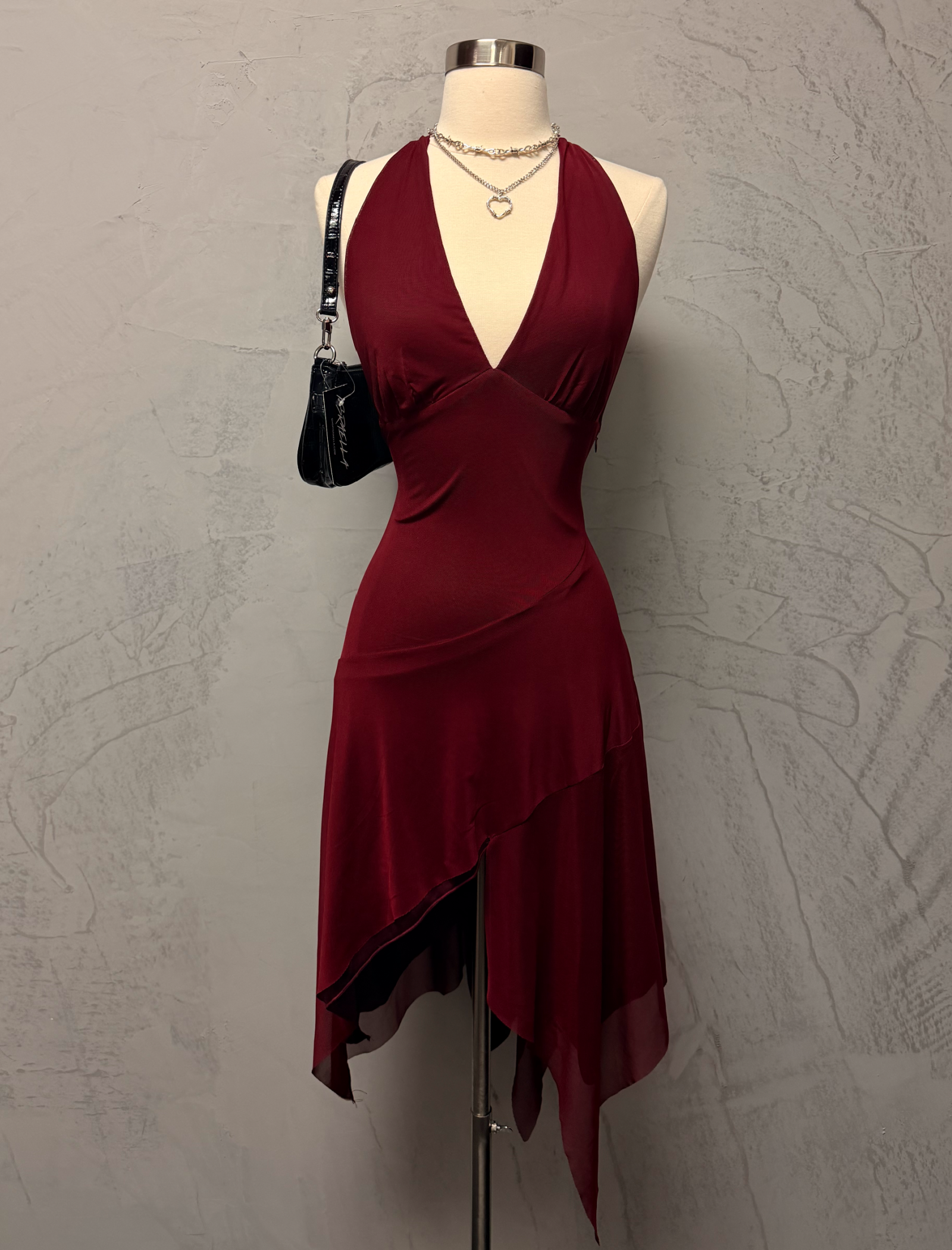 Nessie Mesh Halter Dress (Burgundy Red)