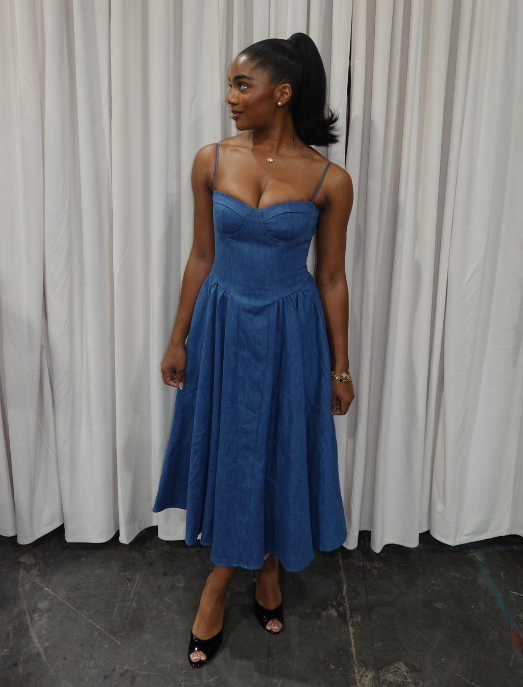 Daisy Pleated Midi Dress (Blue Denim)