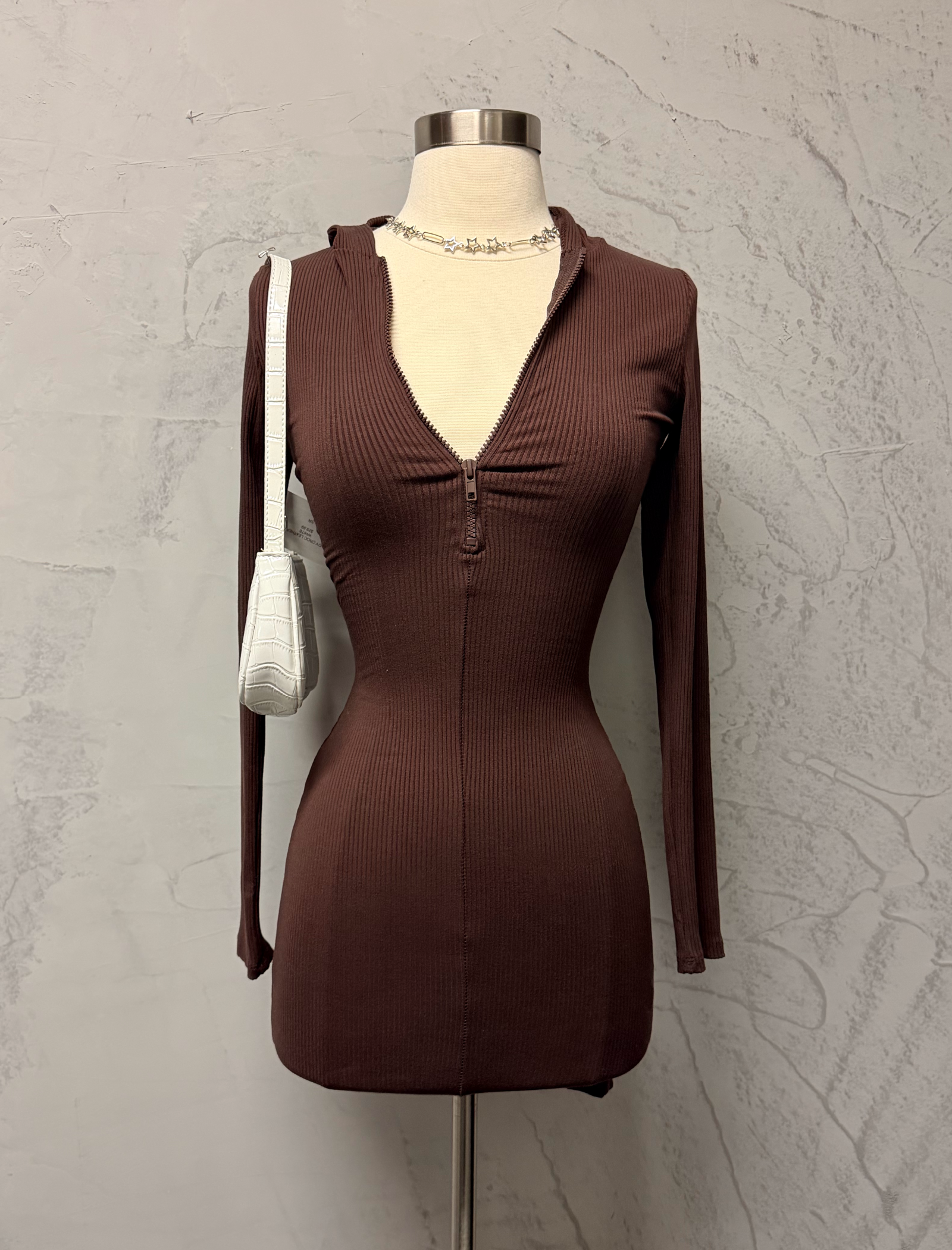 Deandra Ribbed Hoodie Mini Dress (Brown)