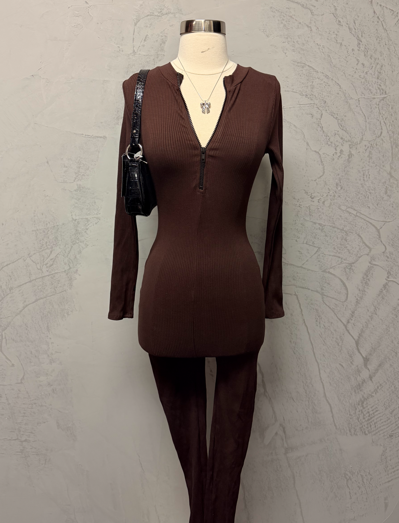 Delilah Mock Neck Long Sleeve Ribbed Jumpsuit (Chocolate Brown)