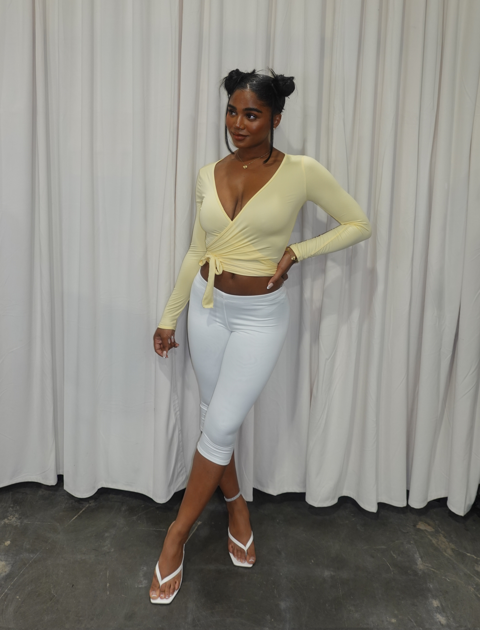 Poly Long Sleeve Wrap Top (Light Yellow)