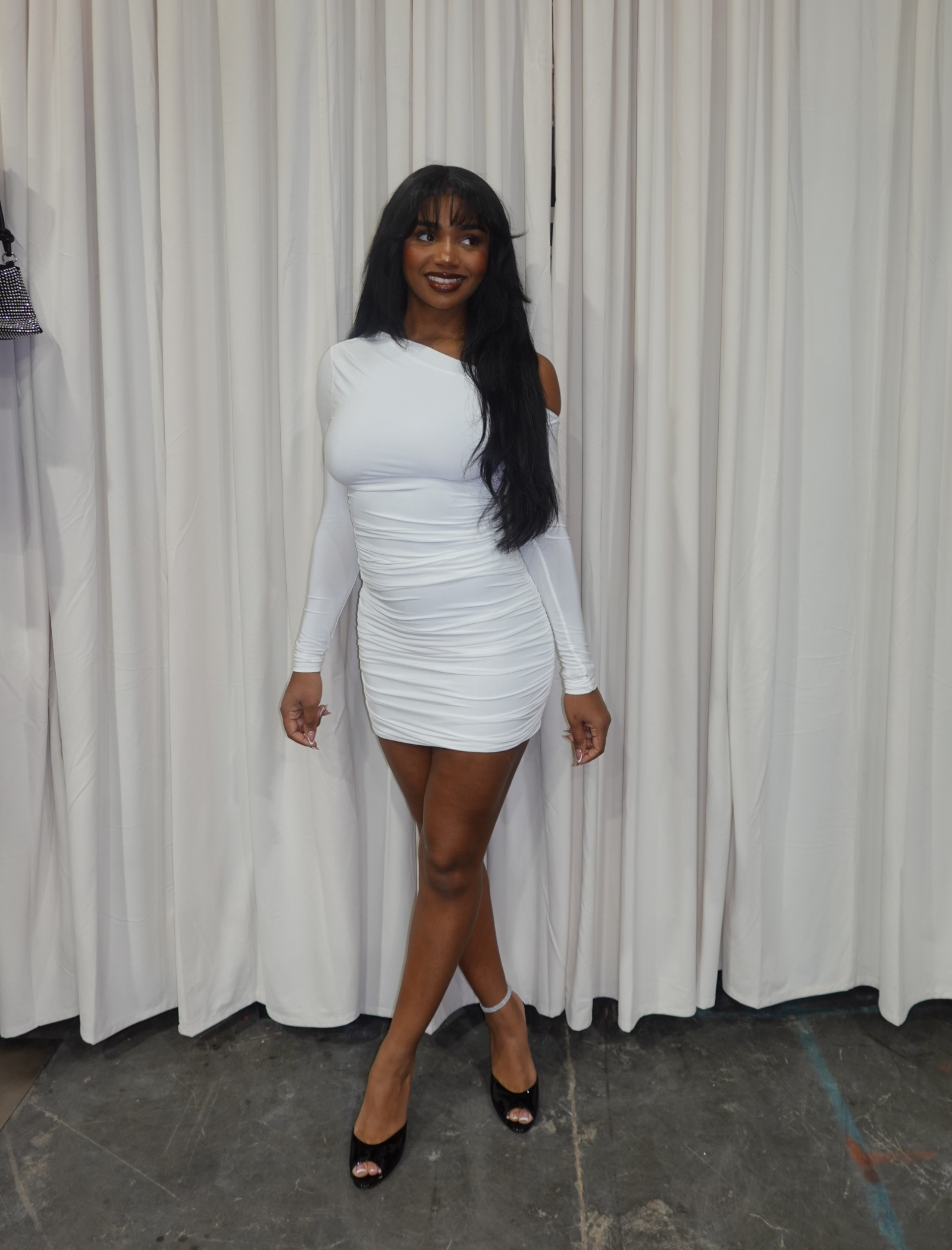 Ray Asymmetrical Long Sleeve Dress (White)