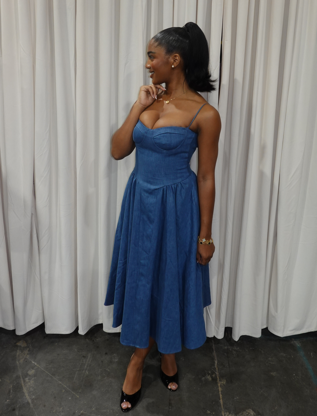 Daisy Pleated Midi Dress (Blue Denim)