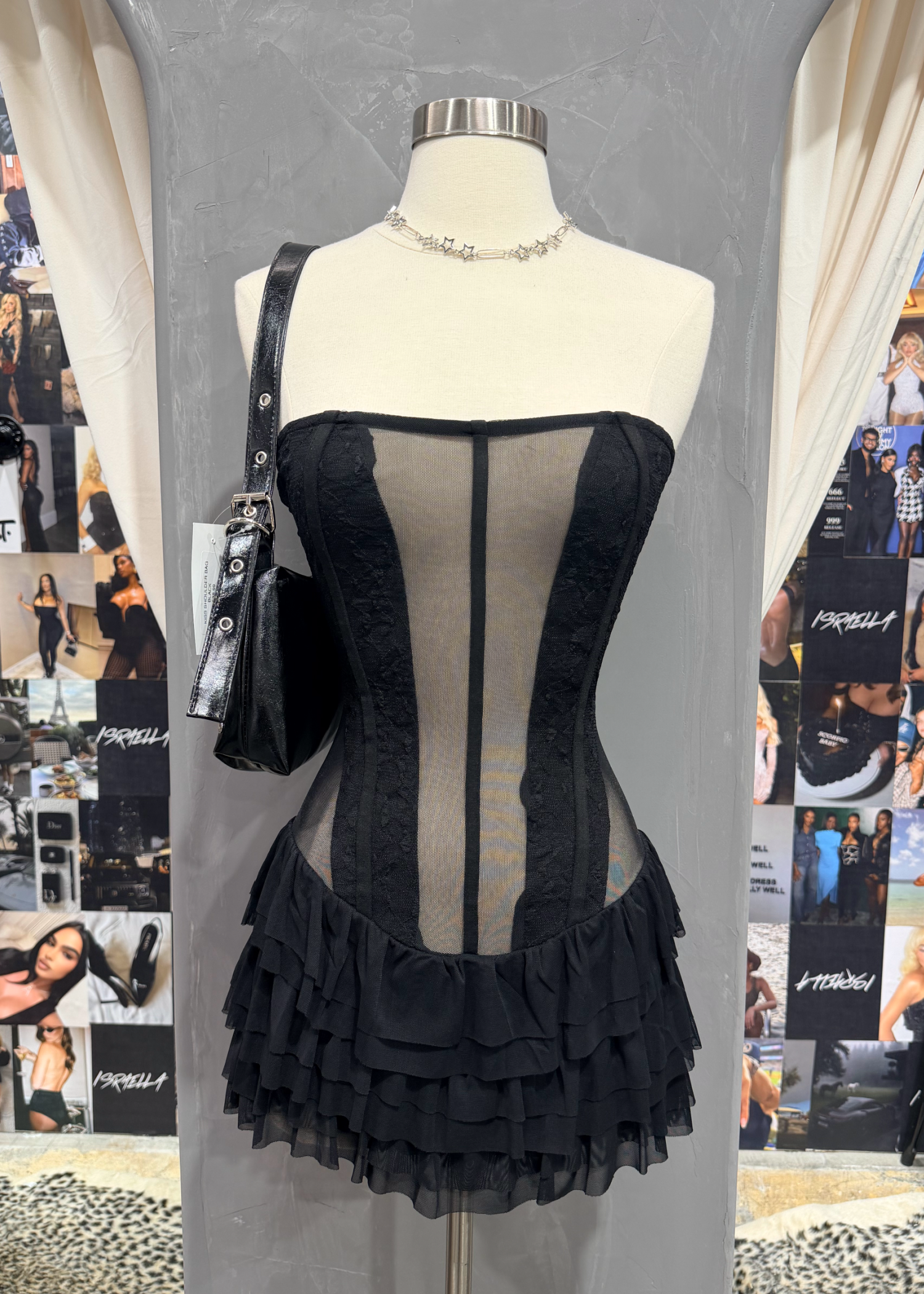 Vannah Tube Mesh Mini Dress (Black)