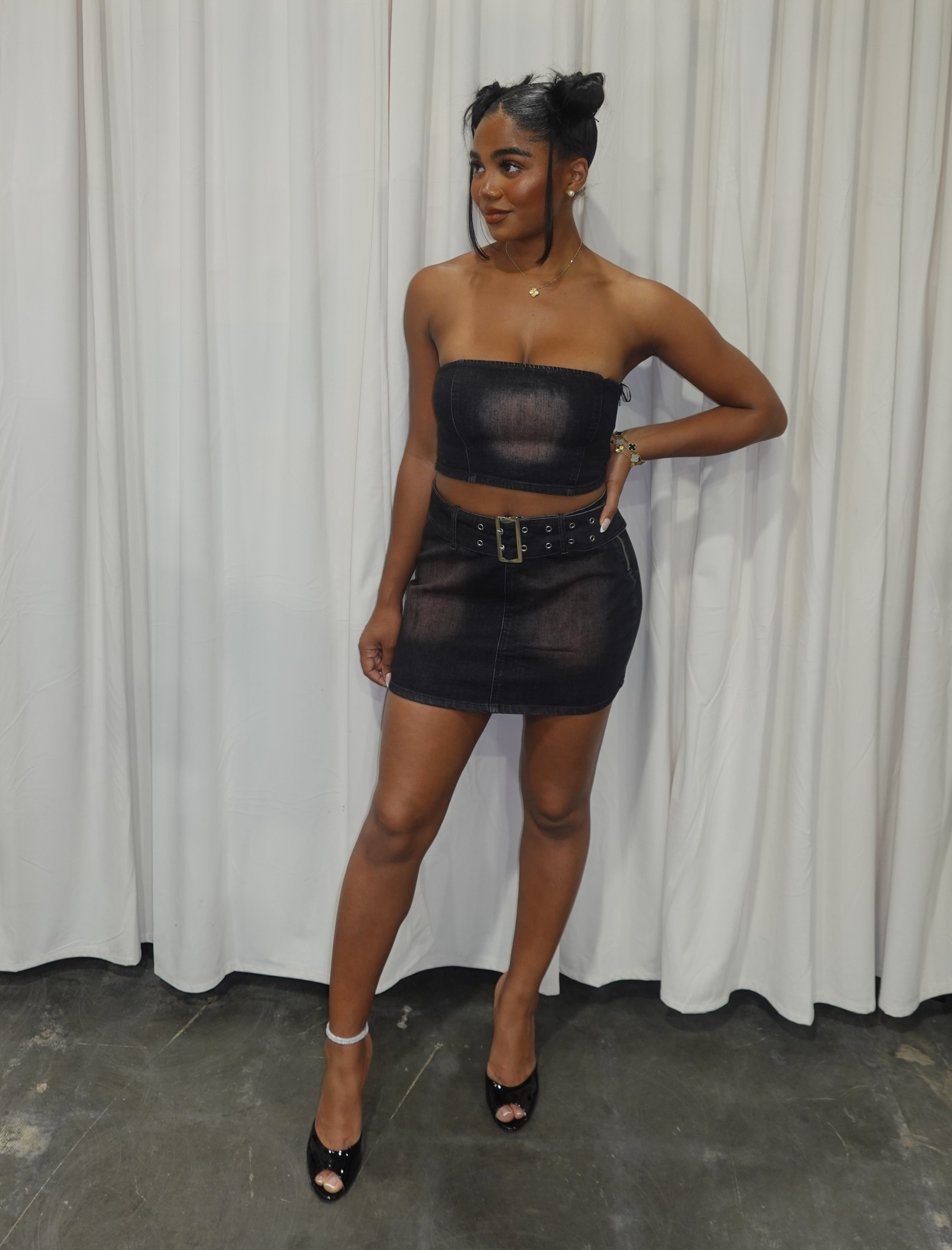 Echo Denim Mini Skirt Set (Black)