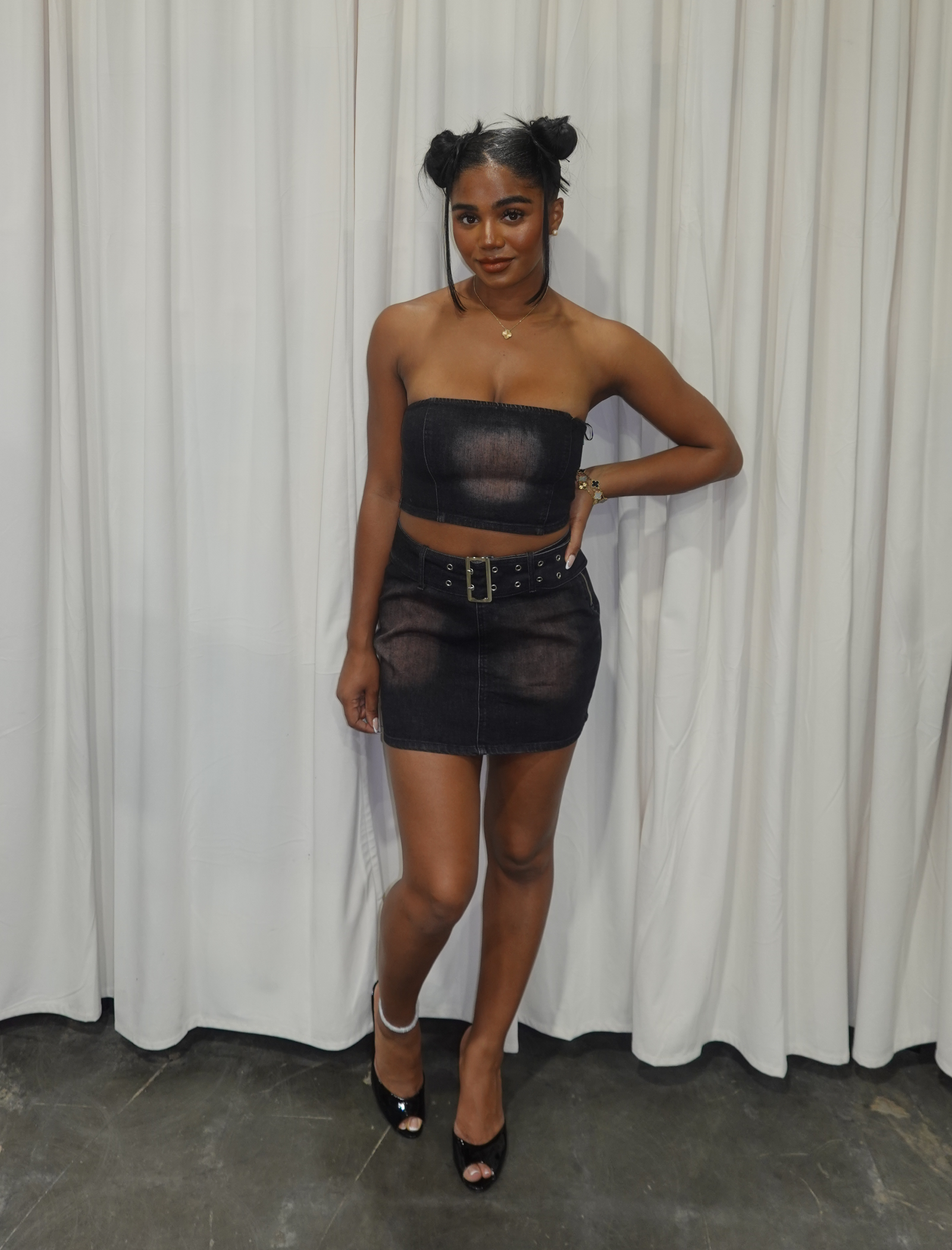 Echo Denim Mini Skirt Set (Black)