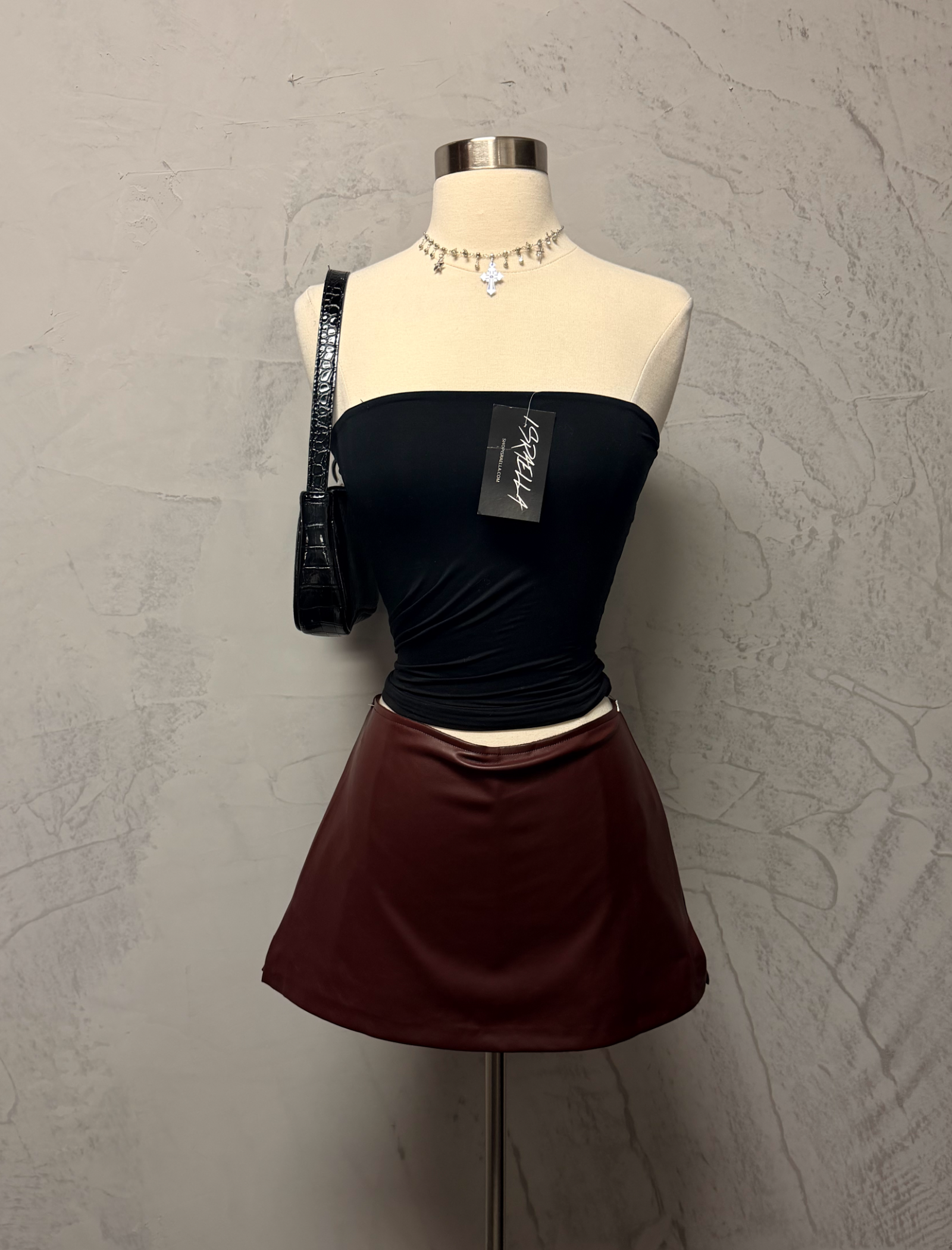 Tyra Leather Mini Skirt (Burgundy Red)