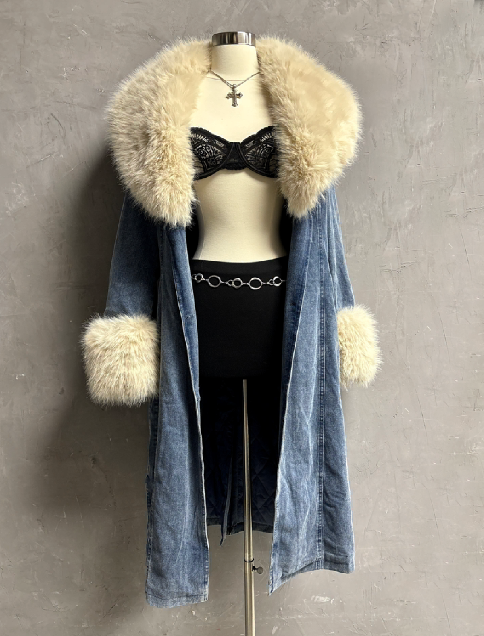 Calvin Denim Fur Trench Coat (Light Wash Denim)