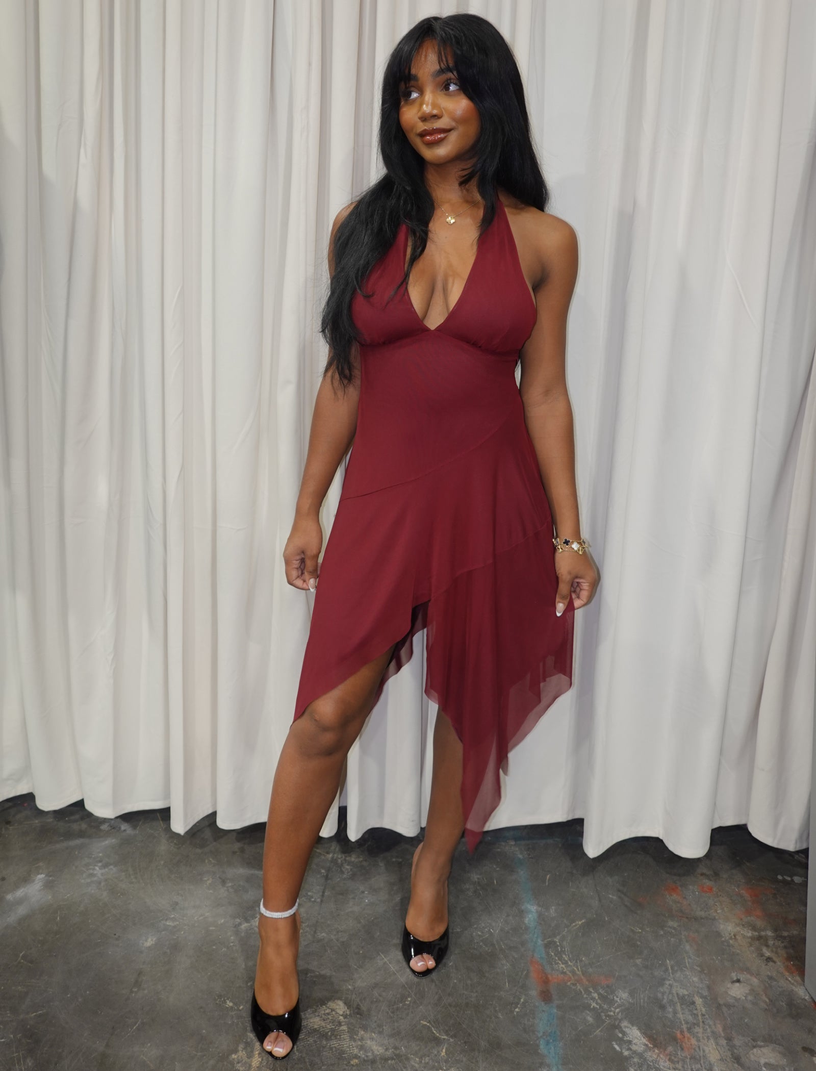 Nessie Mesh Halter Dress (Burgundy Red)