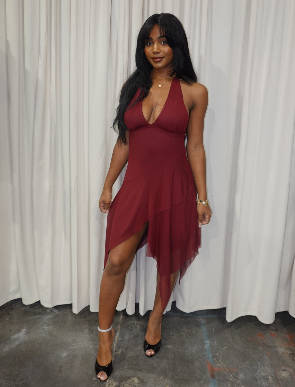 Nessie Mesh Halter Dress (Burgundy Red)