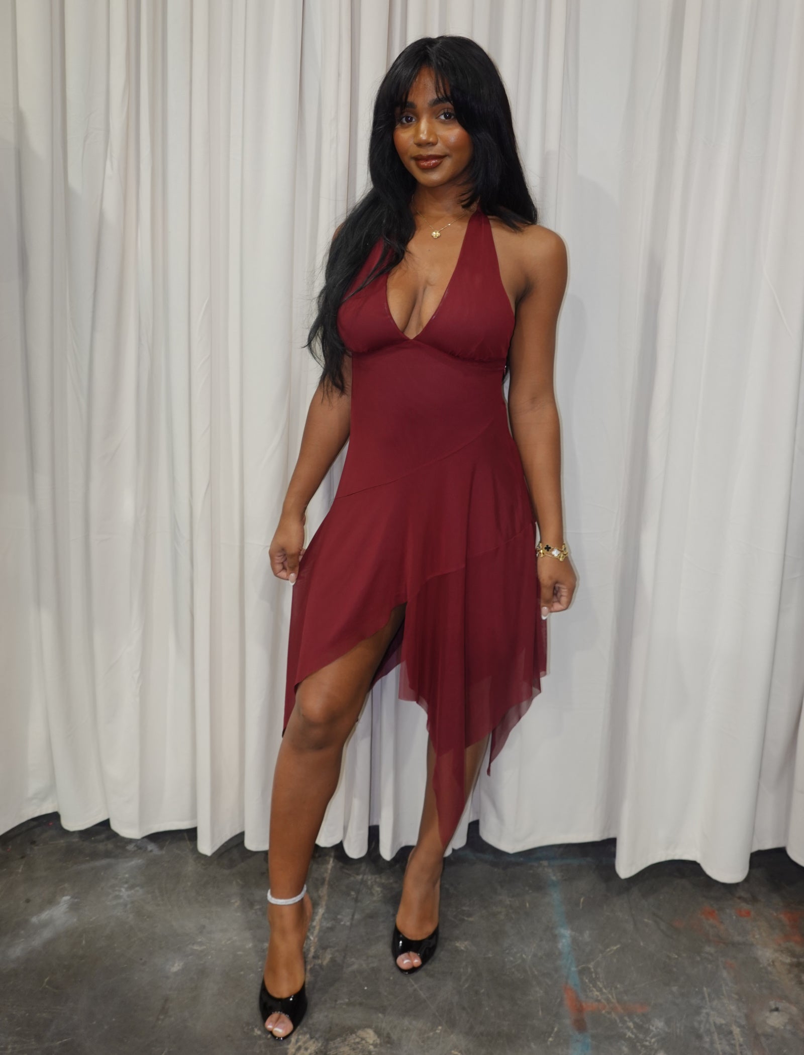 Nessie Mesh Halter Dress (Burgundy Red)