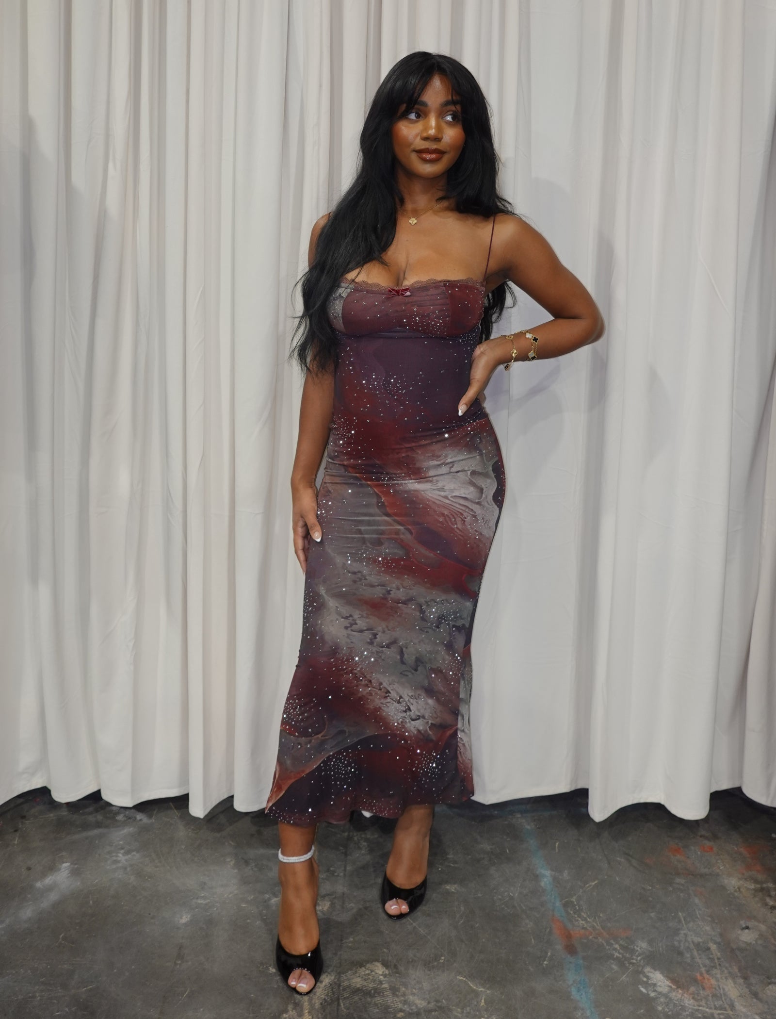 Uma Mesh Maxi Dress (Burgundy Red Multi)