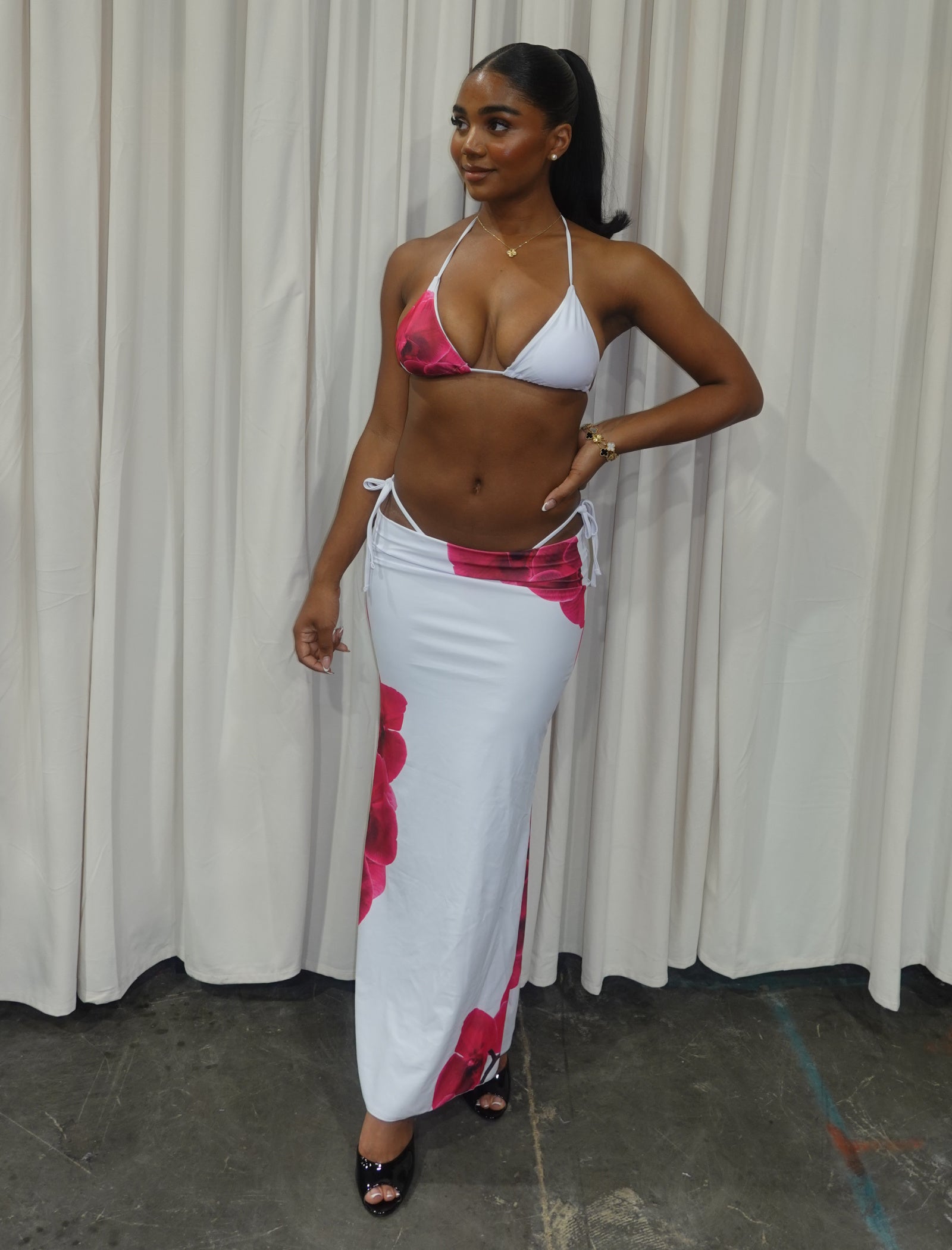 Hibiscus Bikini Maxi Skirt Set (White)