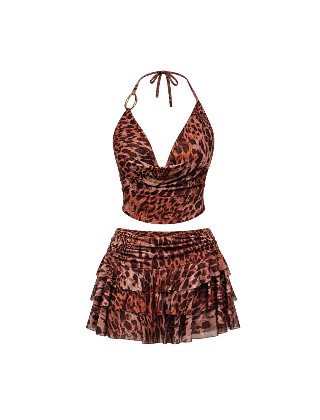 Denise Mesh Halter Skirt Set (Burgundy Red)