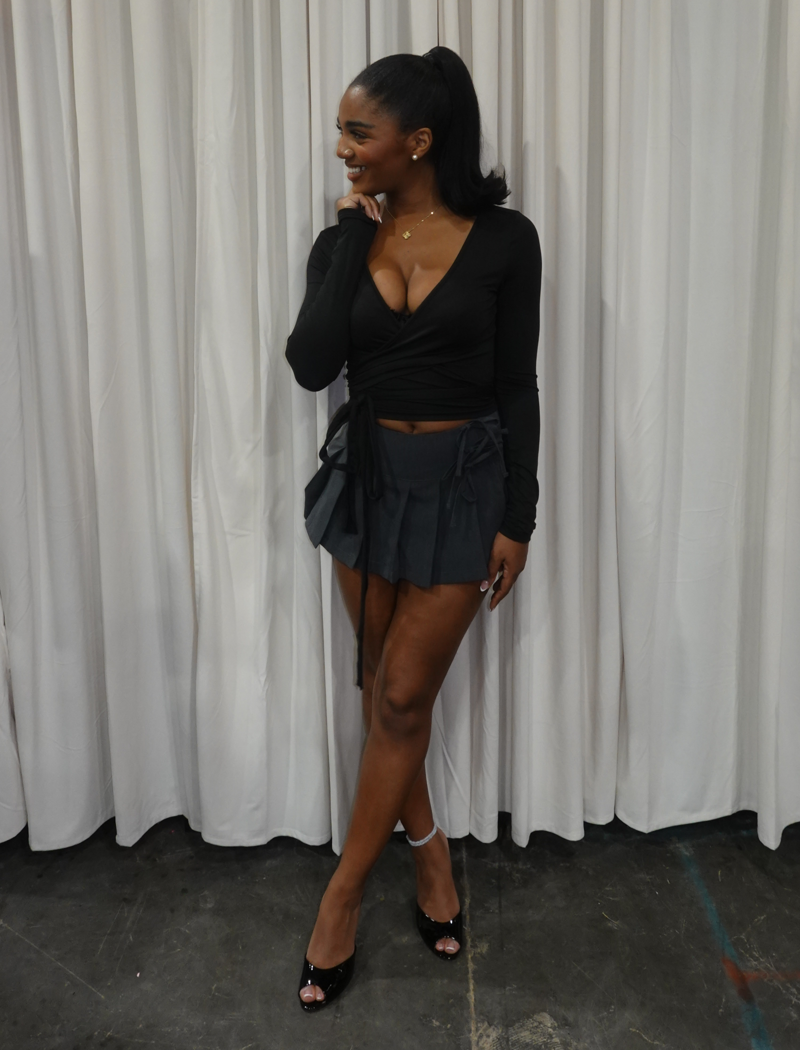 Poly Long Sleeve Wrap Top (Black)