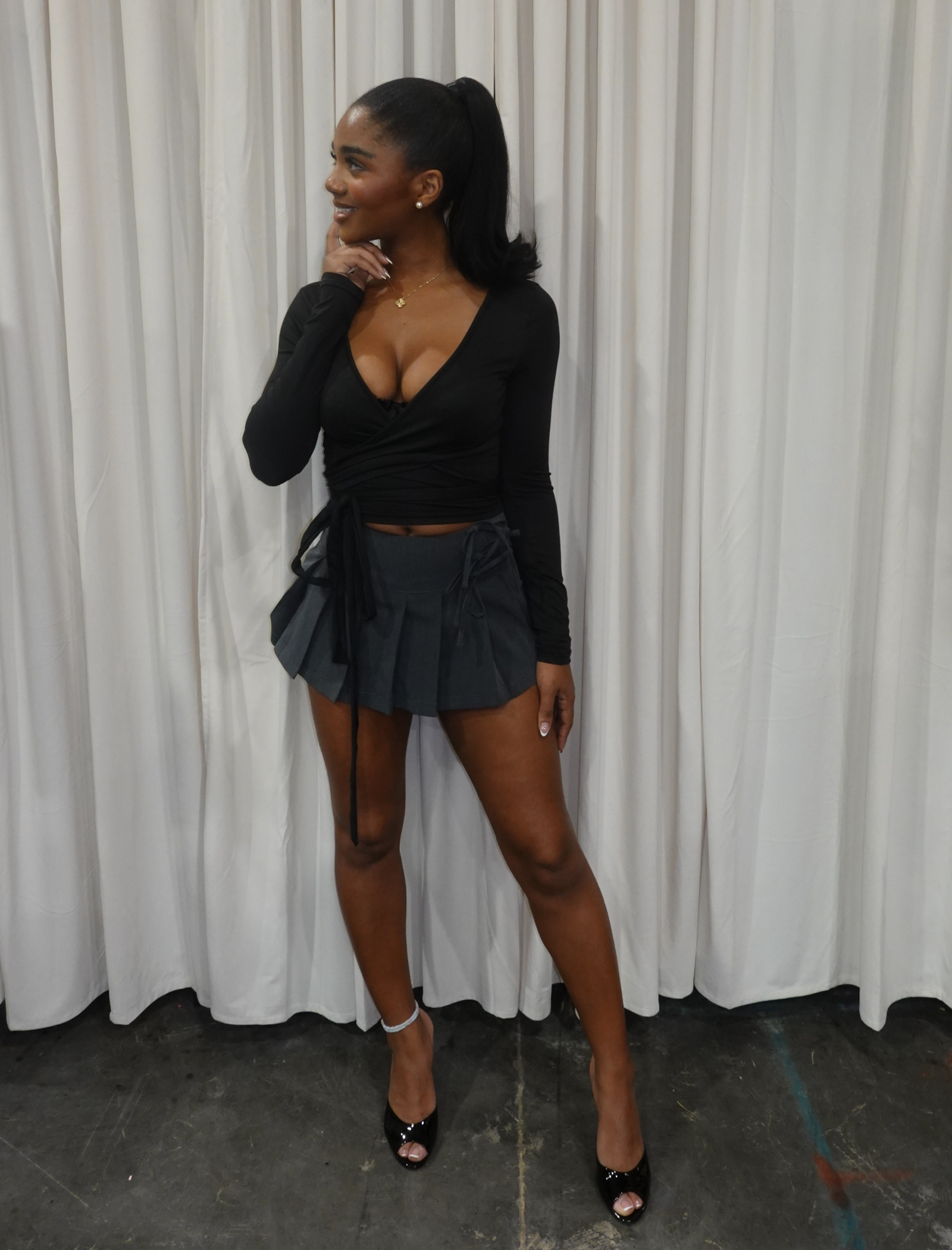 Poly Long Sleeve Wrap Top (Black)