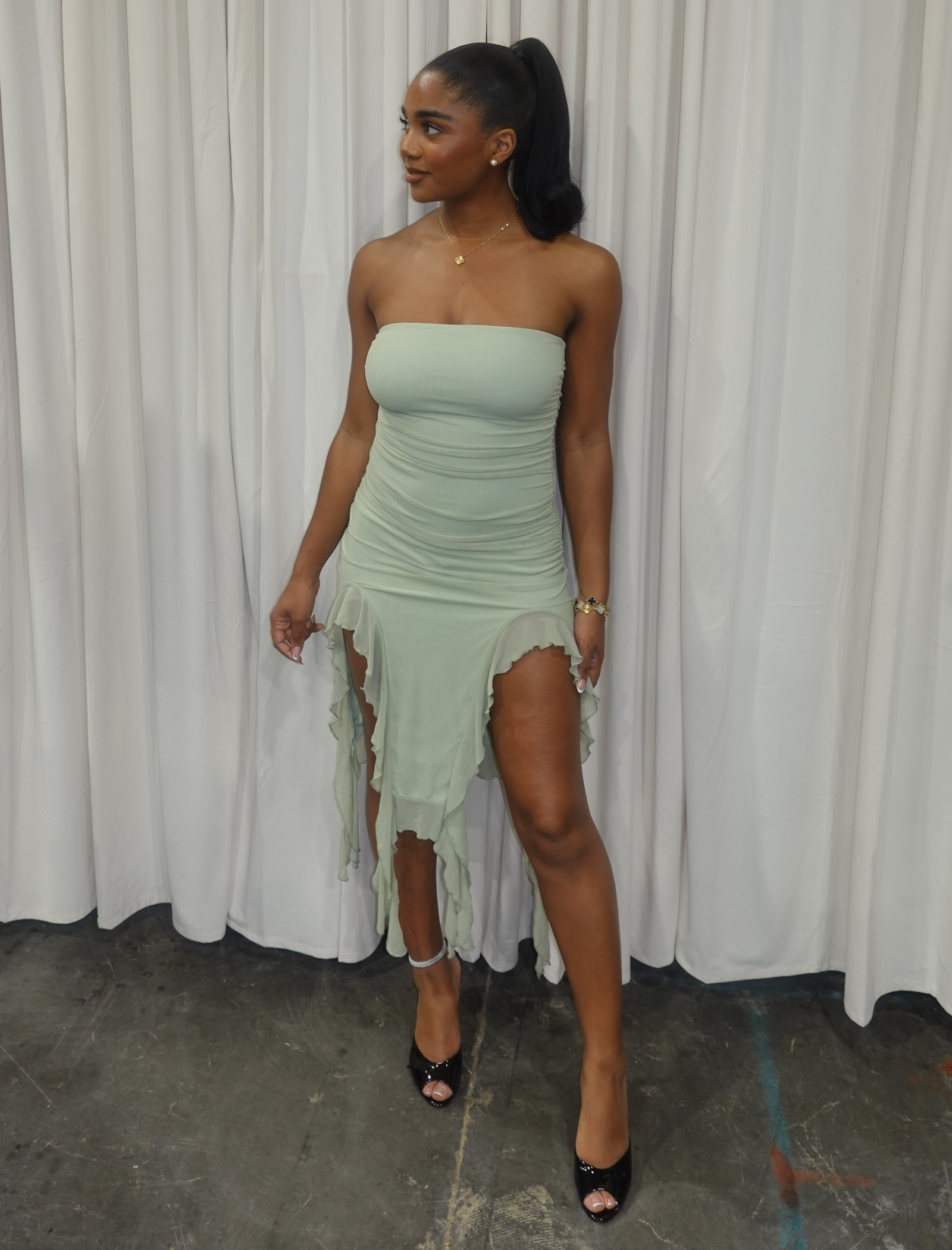 Emilia Mesh Midi Dress (Sage Green)