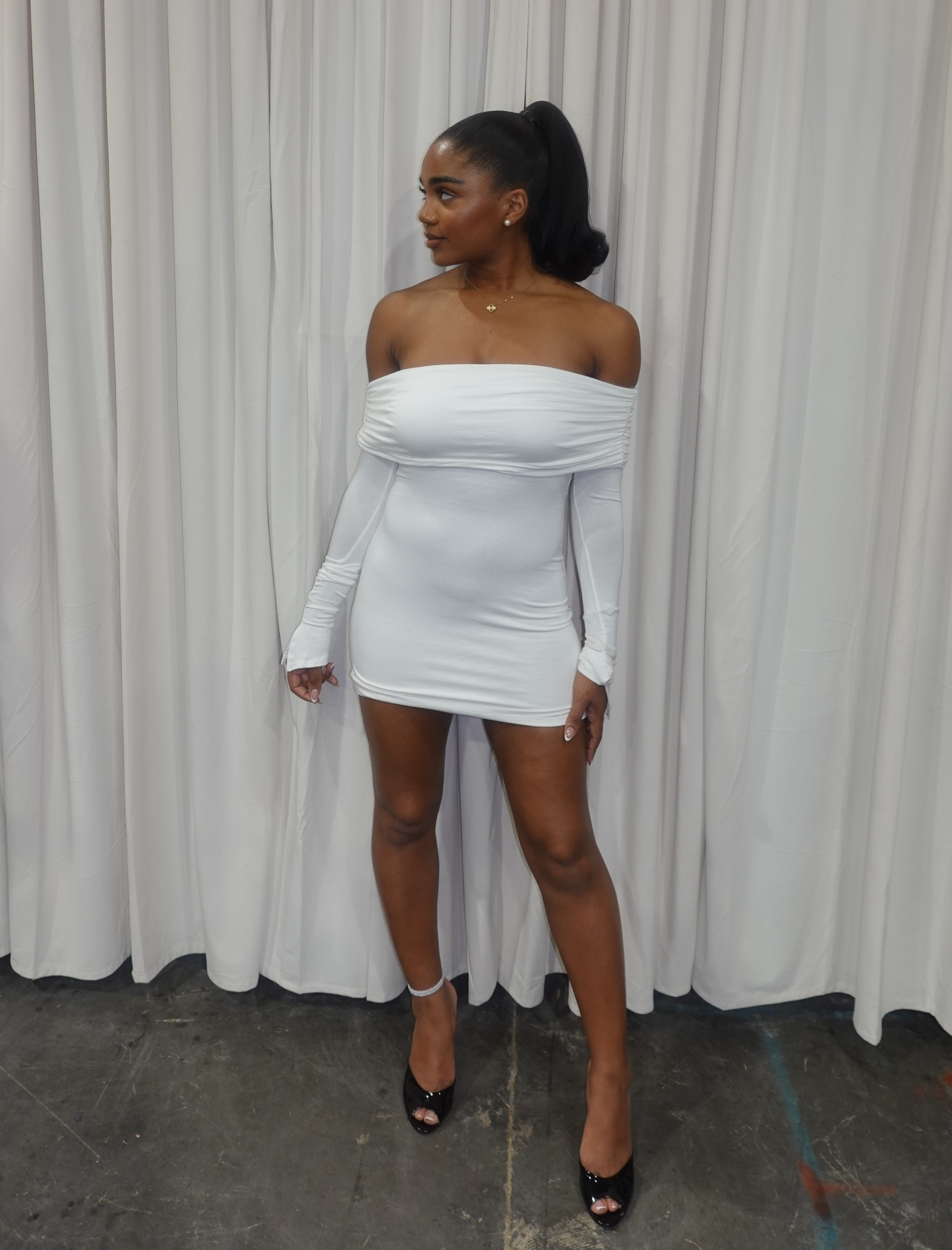 Teresa Off Shoulder Mini Dress (White)
