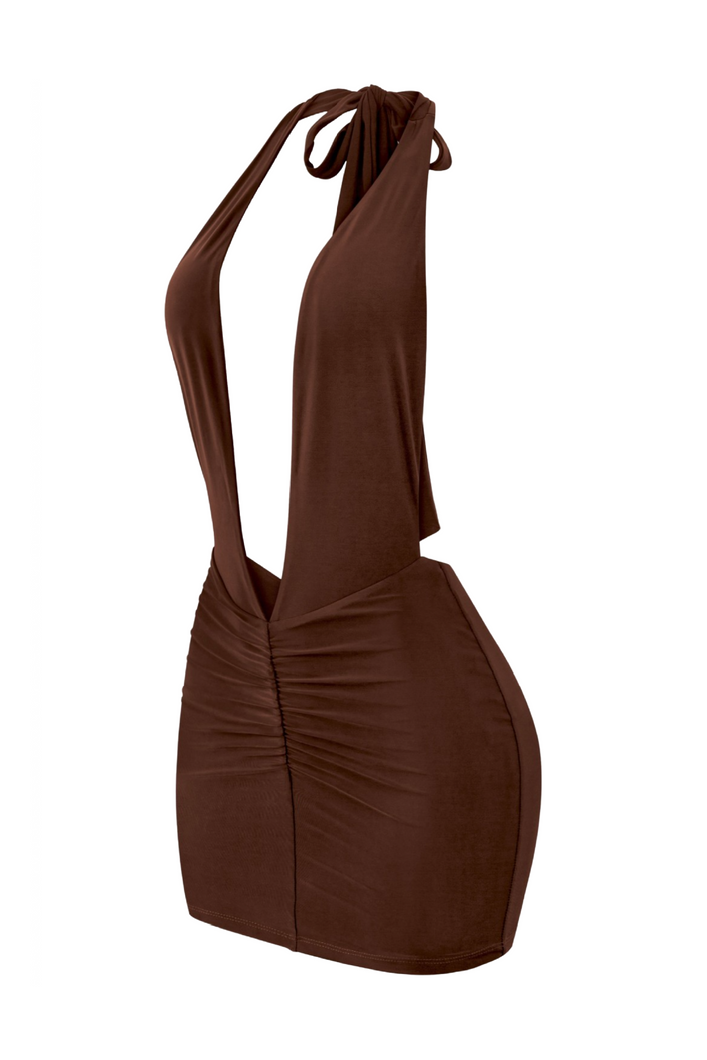 Dayana Deep V Mini Dress (Chocolate Brown)