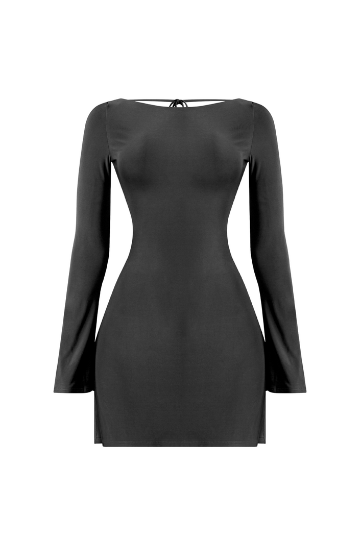 Olivia Long Sleeve Open Back Mini Dress (Black)