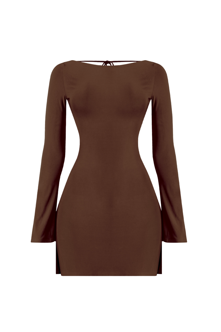 Olivia Long Sleeve Open Back Mini Dress (Brown)