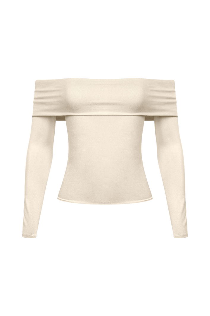 Zara Off Shoulder Long Sleeve Top (Beige White)