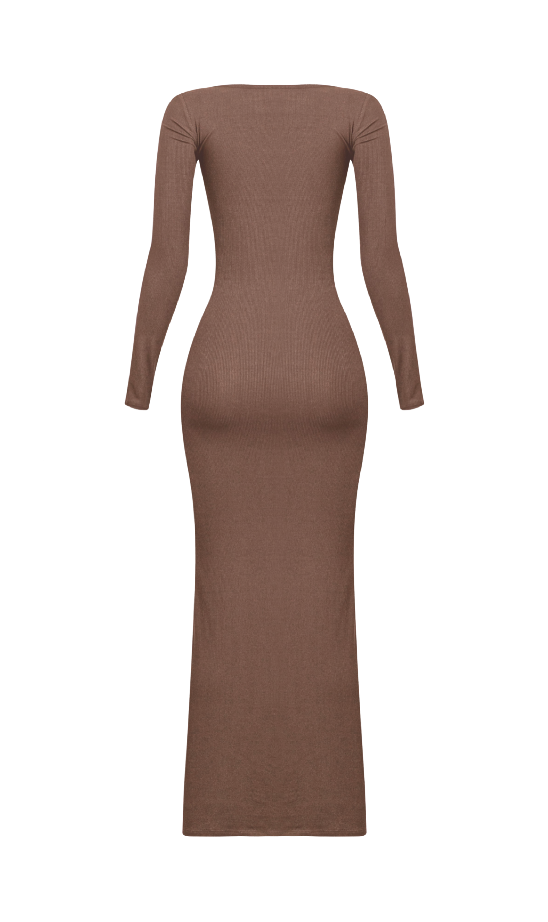 Kourtney Long Sleeve Ribbed Maxi Dress (Brown)