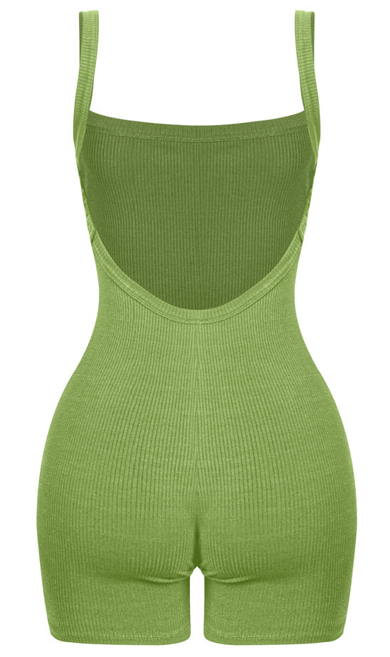 Ria Ribbed Open Back Romper (Pear Green)