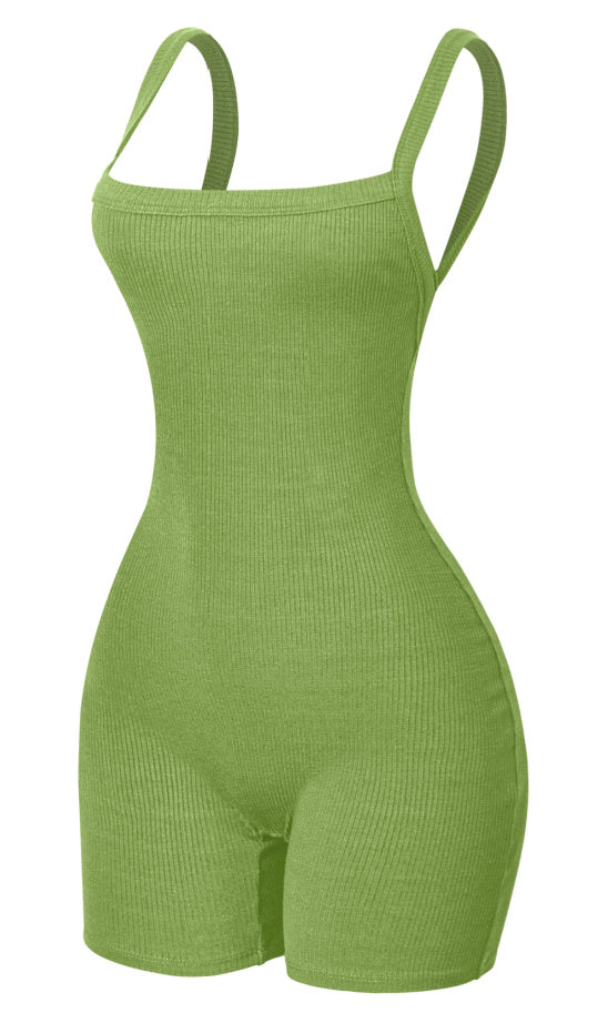 Ria Ribbed Open Back Romper (Pear Green)